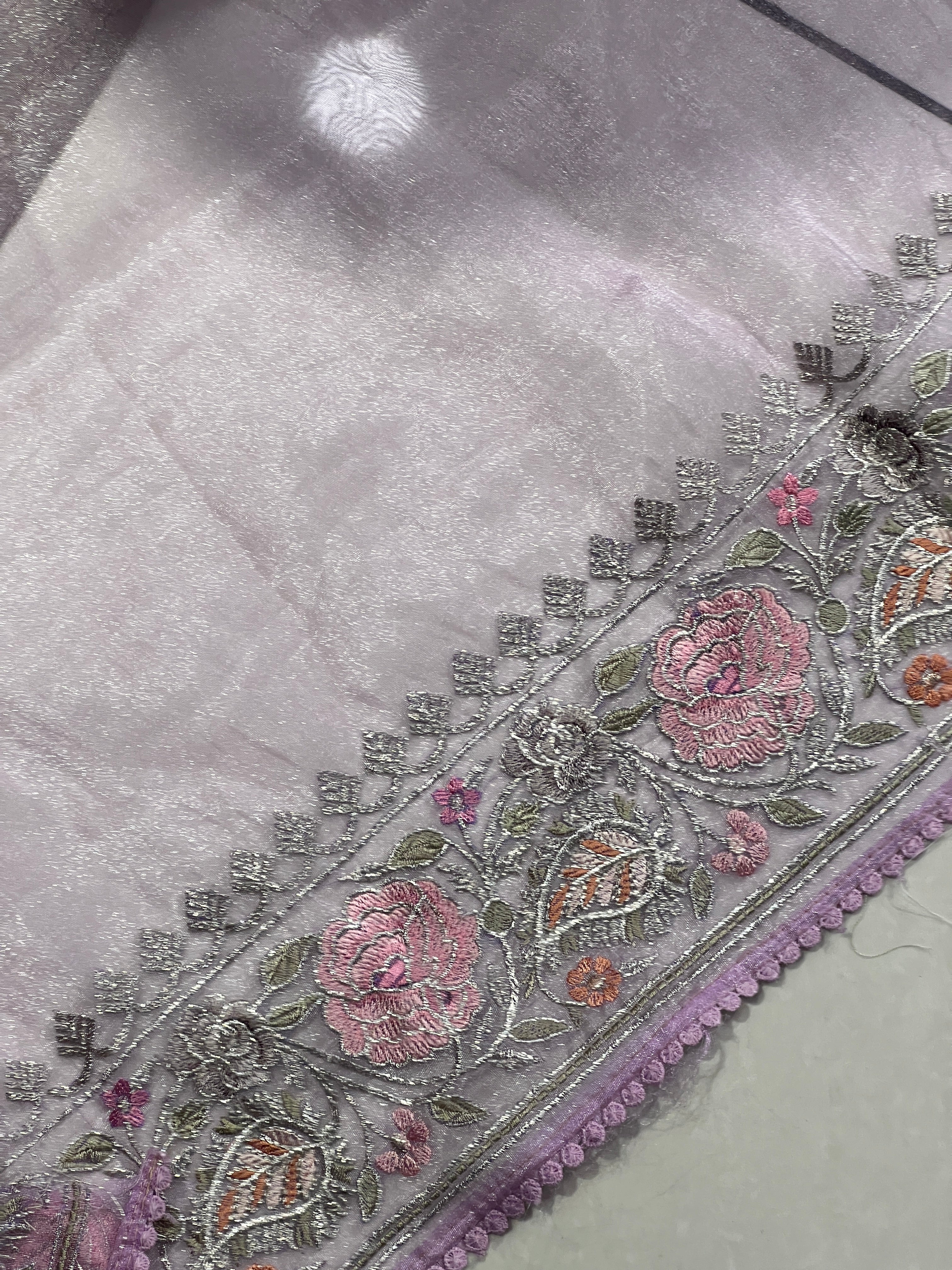 Floral Embroidery With Silver Zari Detailed Organza Saree | BLD1091