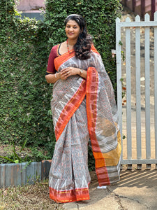 Grey & Orange Color Cotton Saree (Without Blouse) | RP411