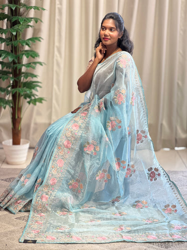 Floral Embroidery With Silver Zari Detailed Organza Saree | BLD1090