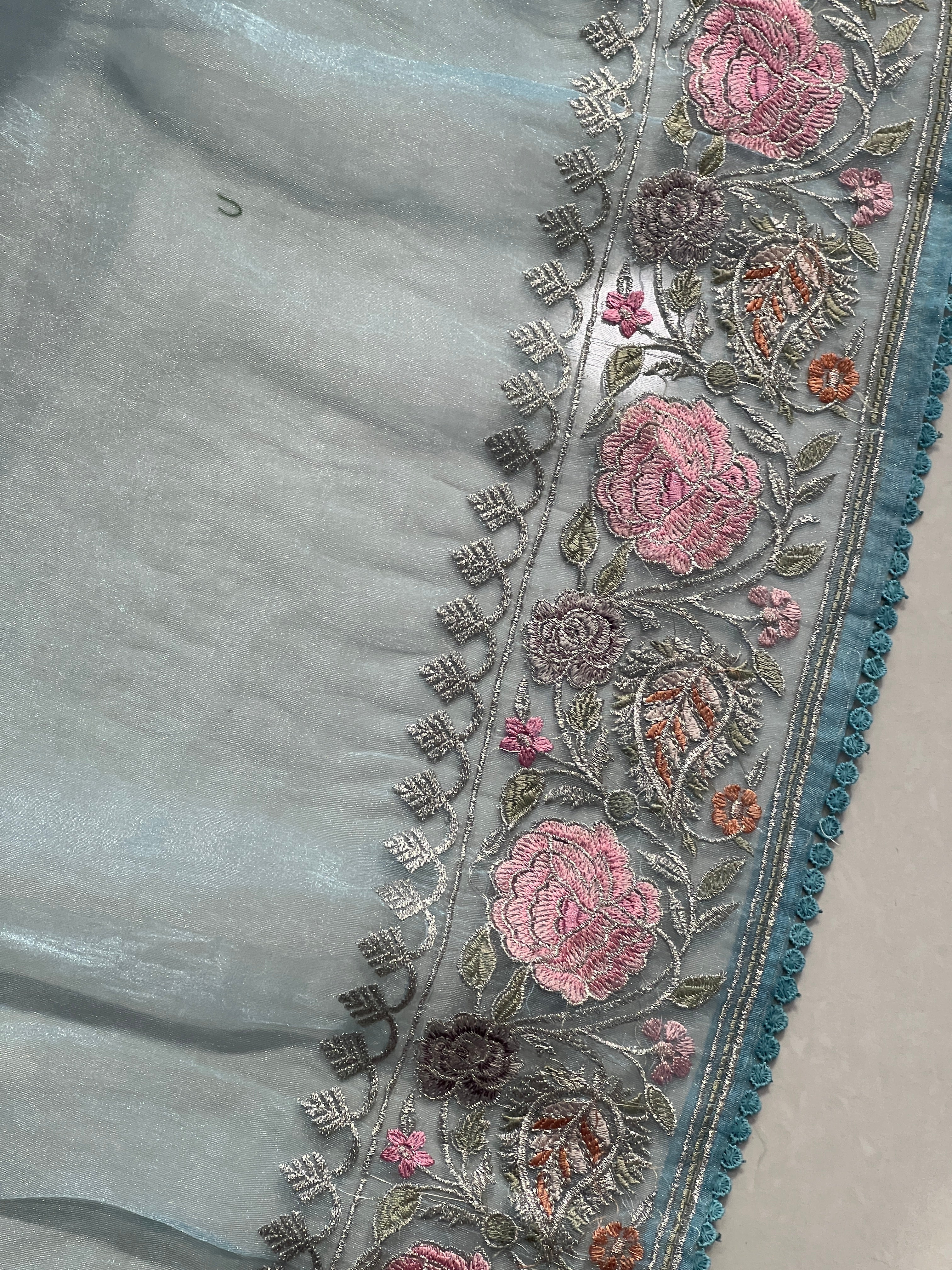 Floral Embroidery With Silver Zari Detailed Organza Saree | BLD1090