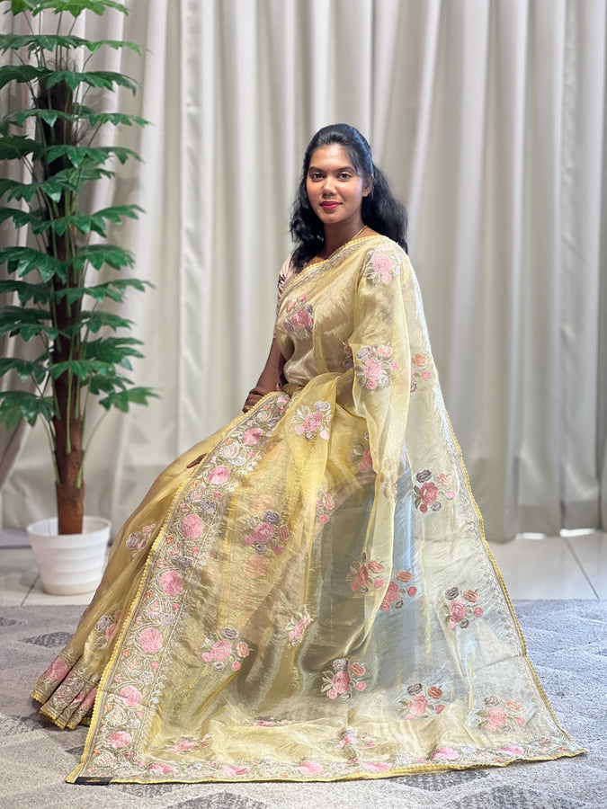 Floral Embroidery With Silver Zari Detailed Organza Saree | BLD1089