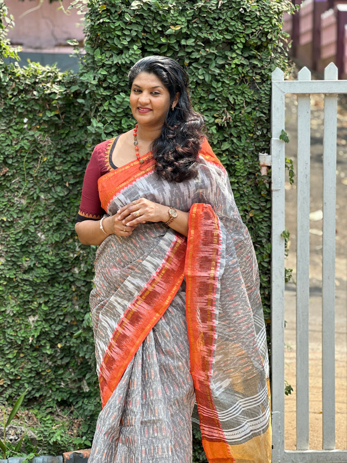 Grey & Orange Color Cotton Saree (Without Blouse) | RP411