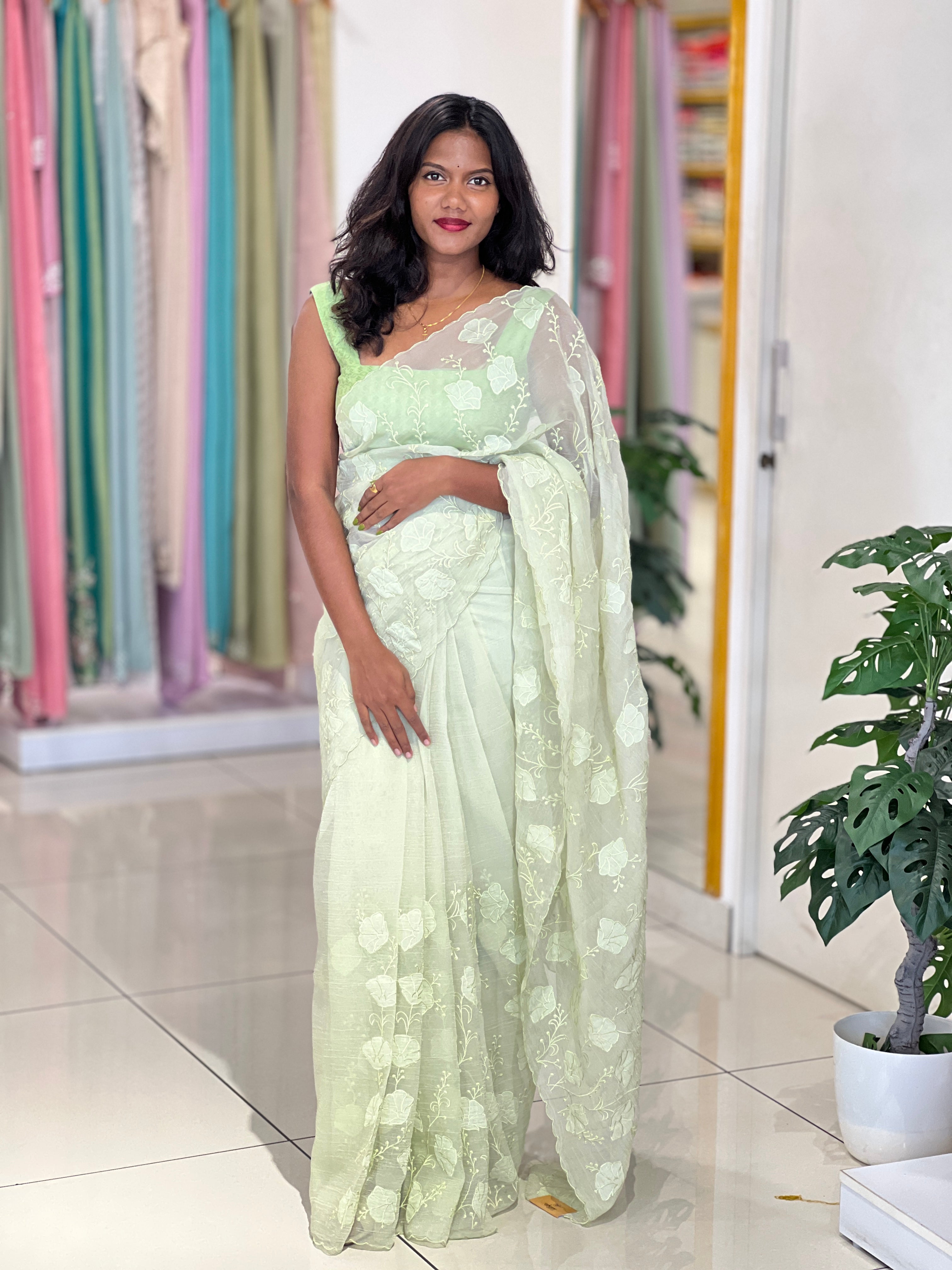 Floral Applique & Machine Embroidered Crush Shimmer Organza Saree |MM456