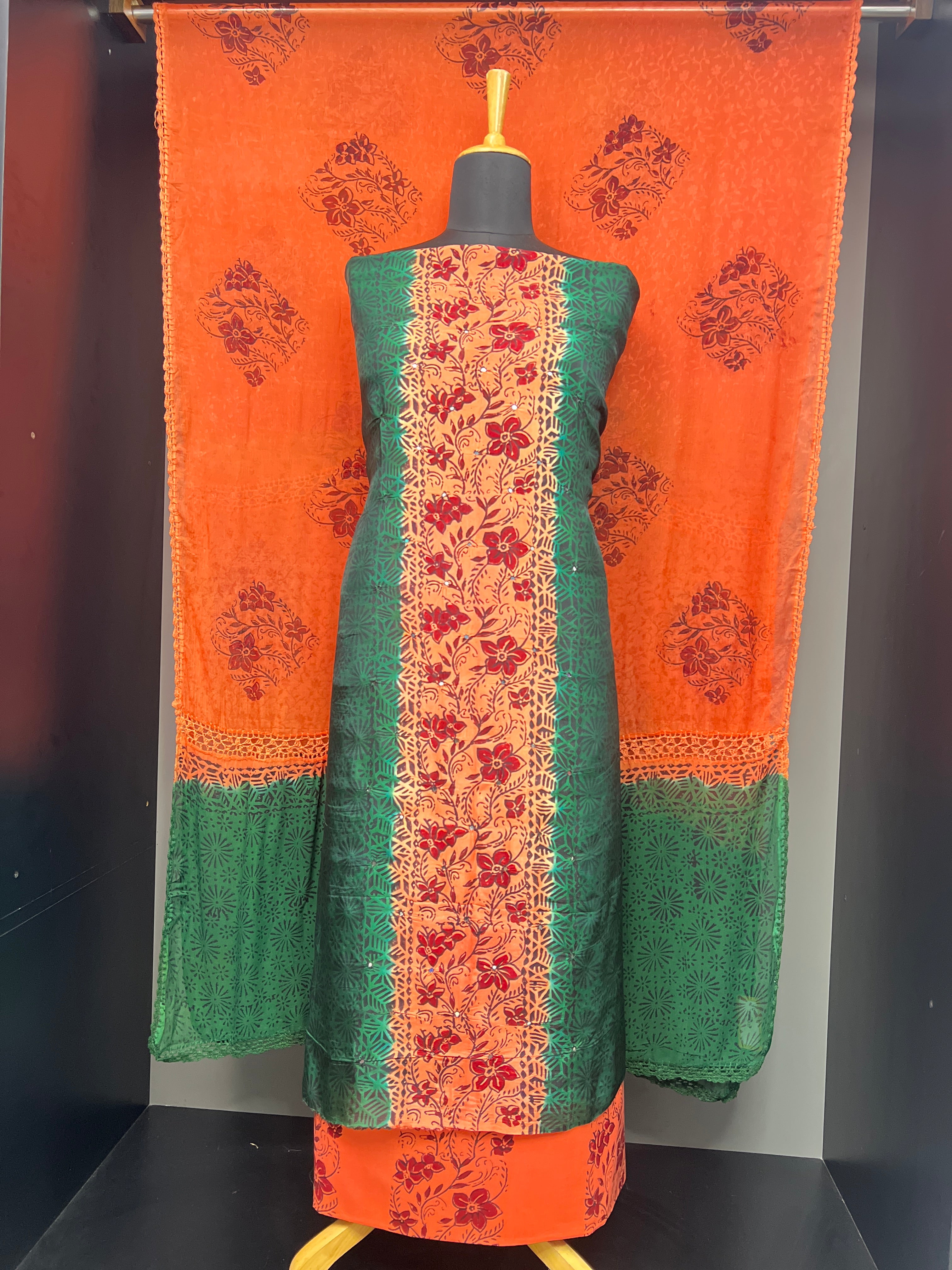 Block Print With Mirror Detailed Uppada Silk Salwar Set | SF1342