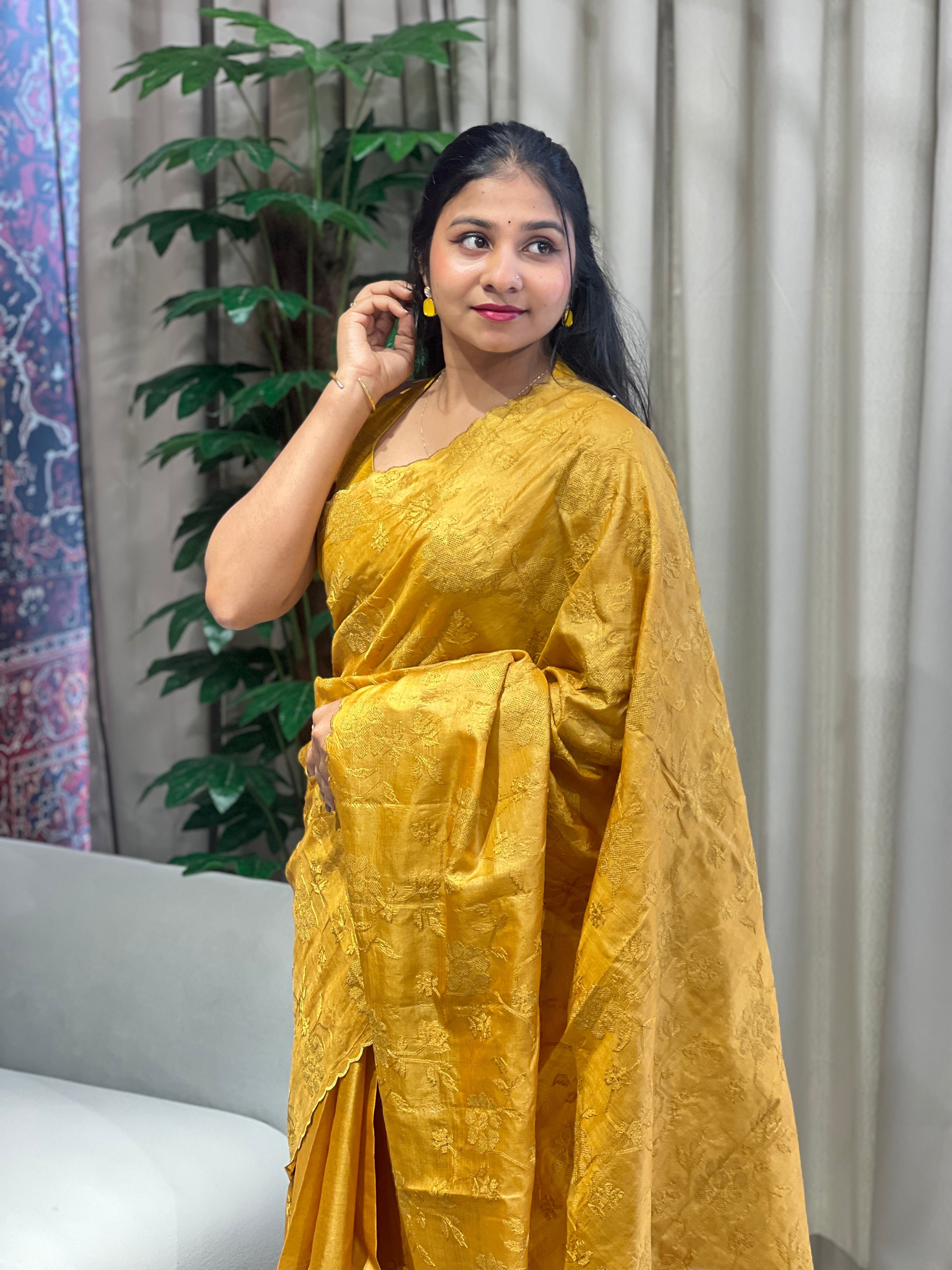 Floral Cross Stitch Embroidery Detailed Tussar Saree | YNG633