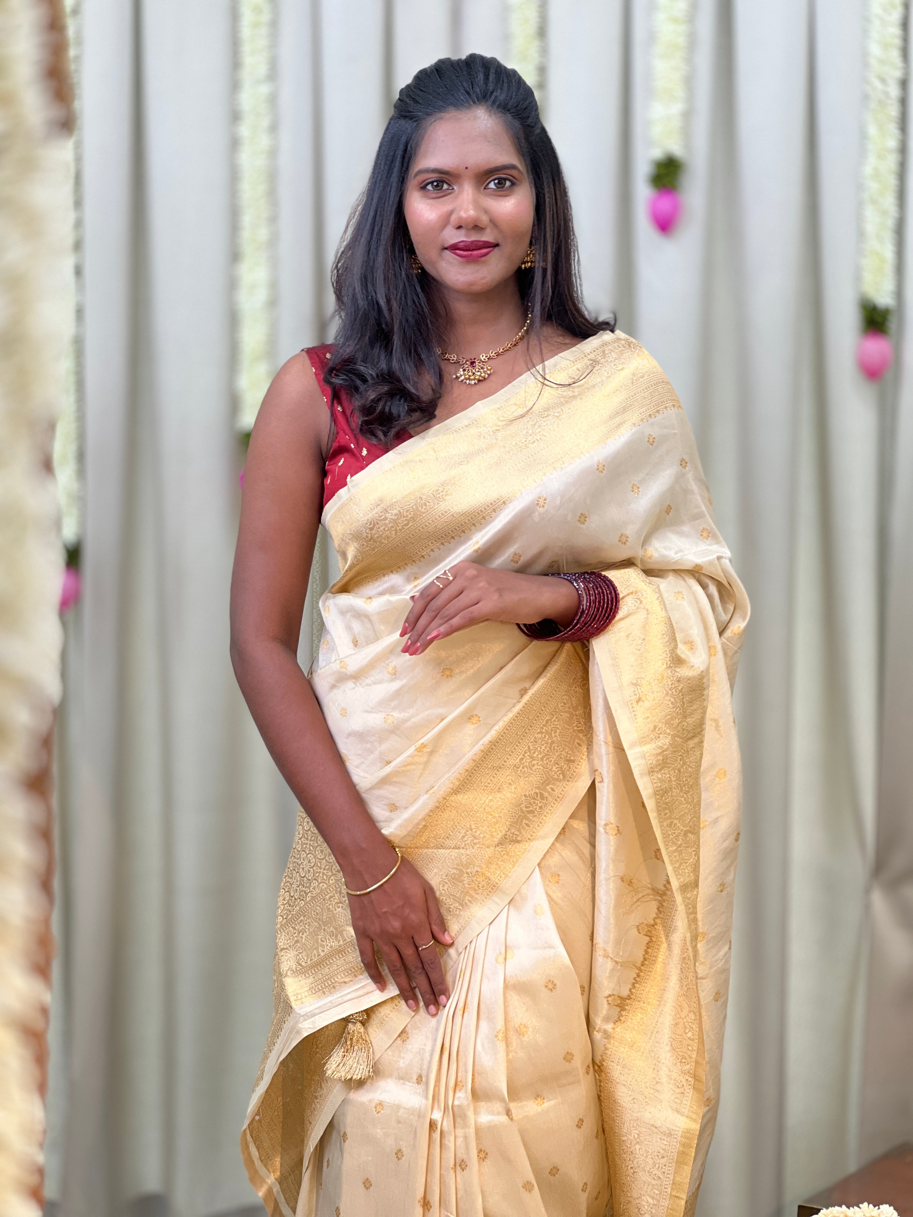 Traditional Golden Zari Buta Woven Semi Silk Saree | HT482
