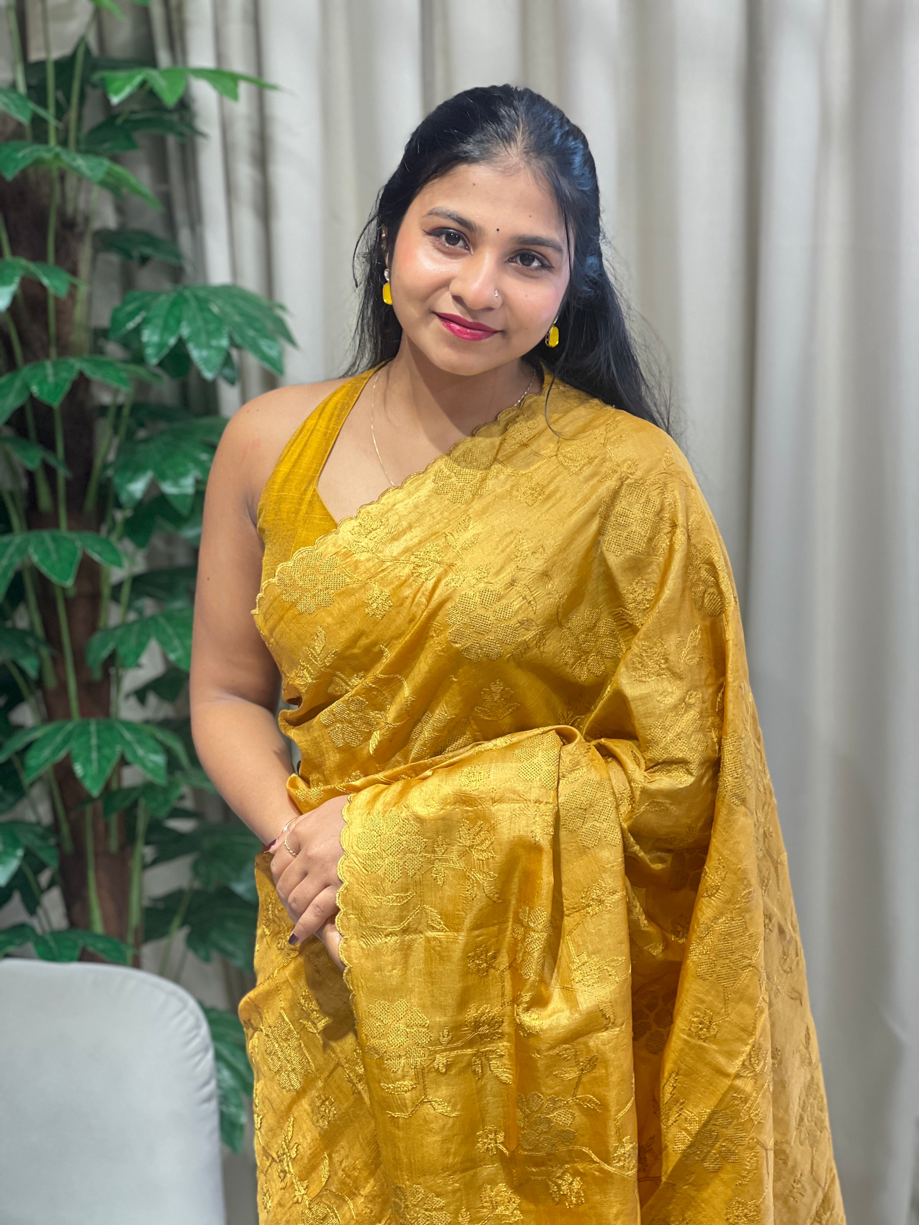 Floral Cross Stitch Embroidery Detailed Tussar Saree | YNG633