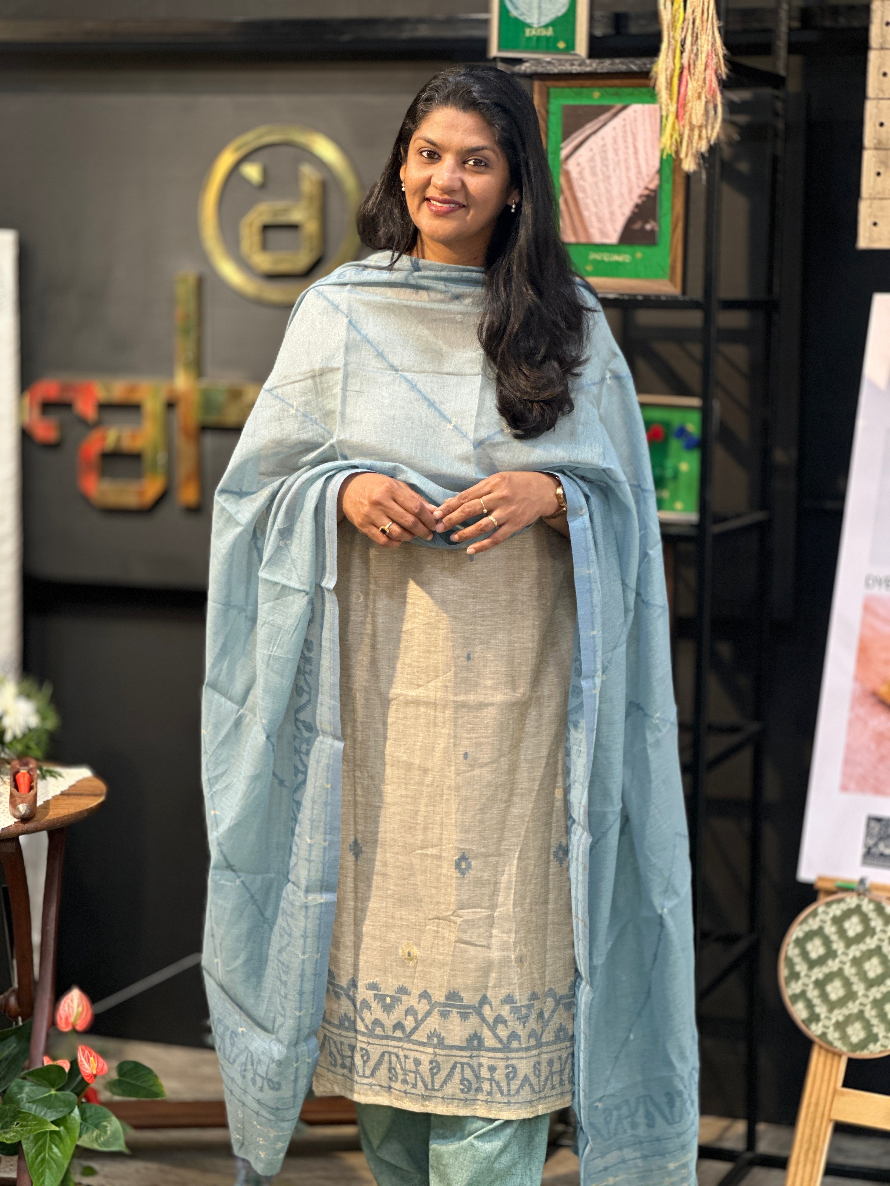 Jamdani Woven Chanderi-Linen Finish Unstitched Salwar Set | SSN471