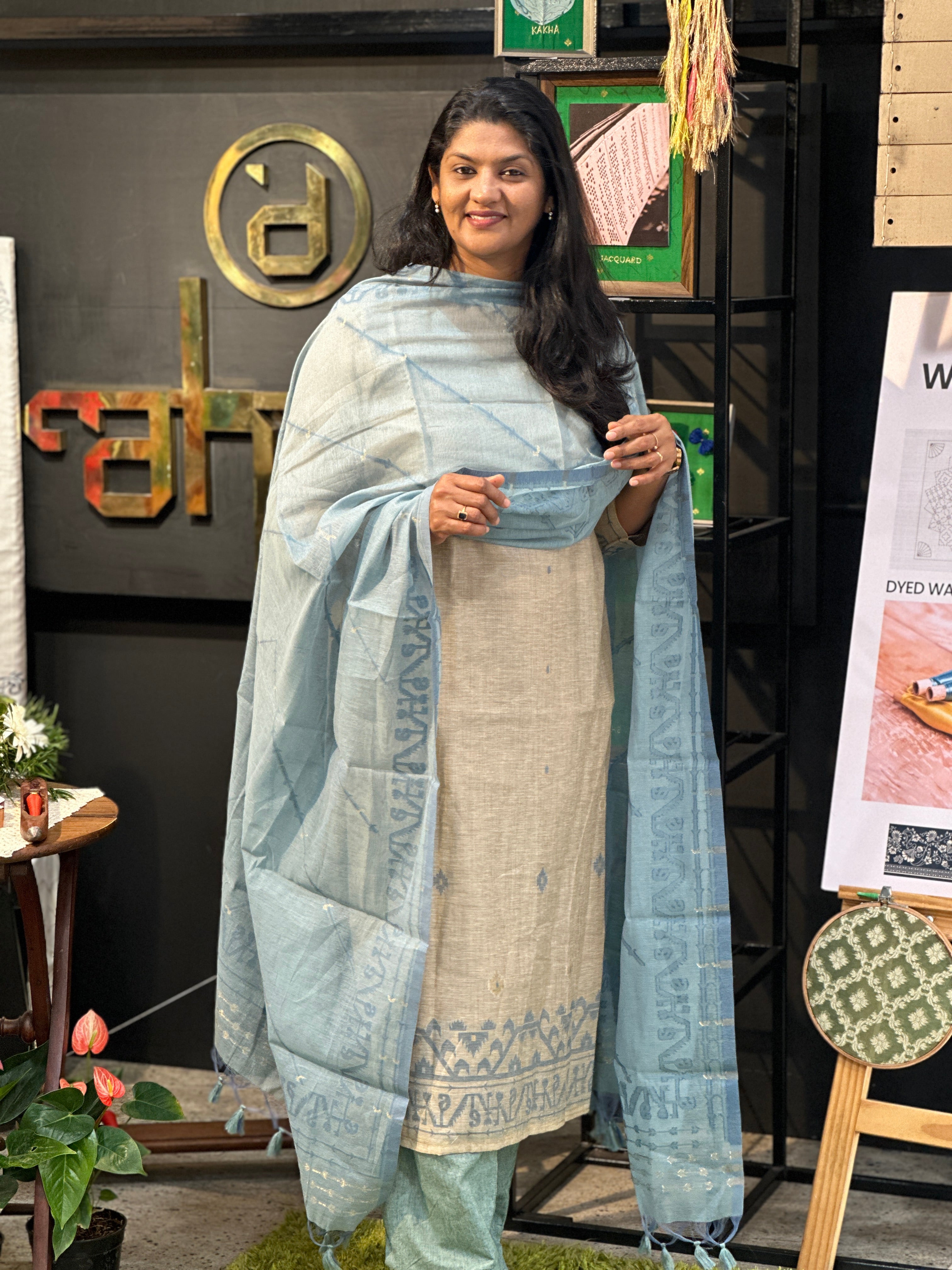 Jamdani Woven Chanderi-Linen Finish Unstitched Salwar Set | SSN471