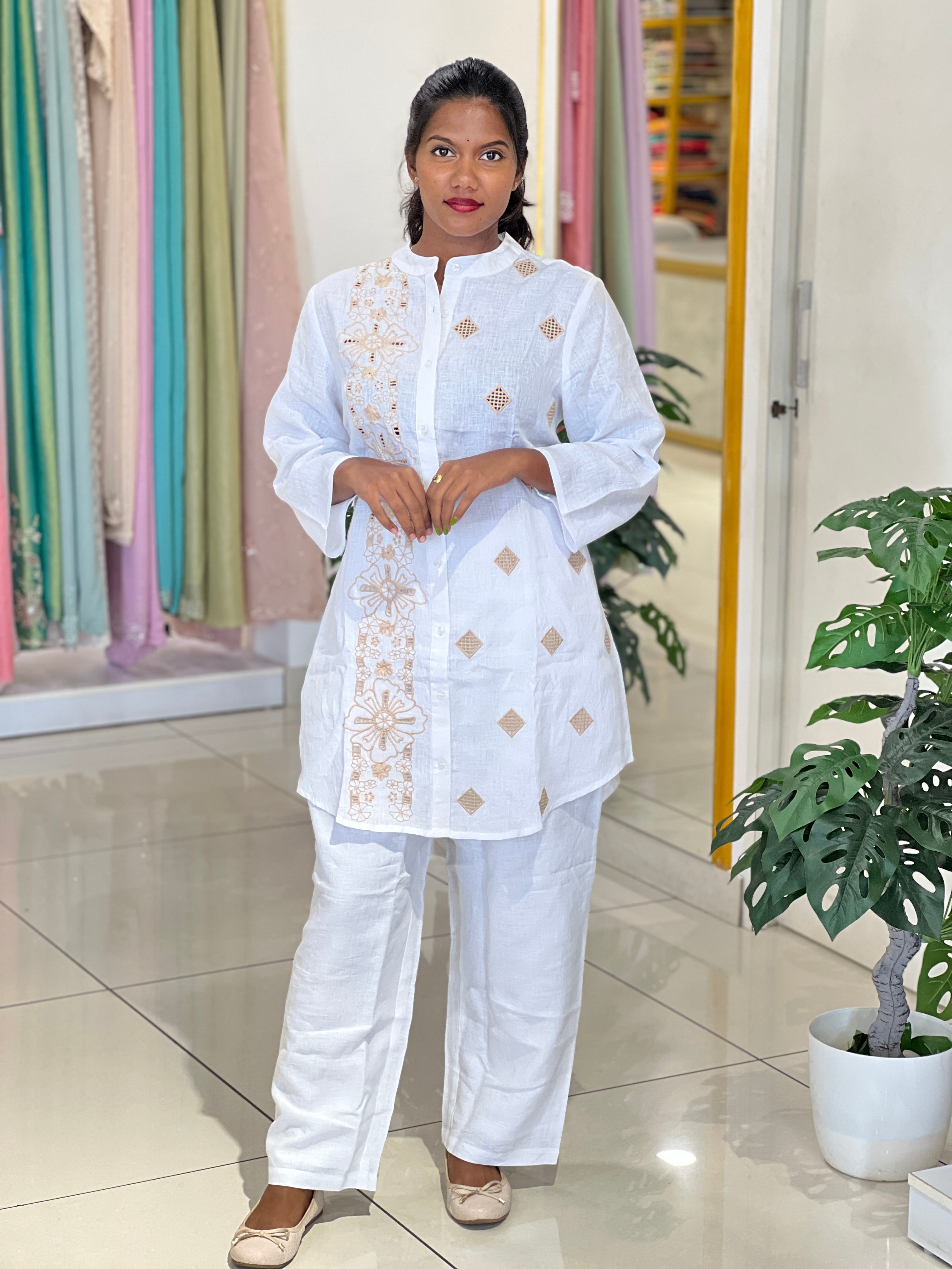 Floral Cutwork Detailed Pure Linen Cord Set | RAG105