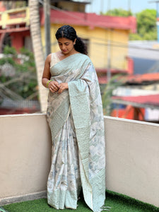 Machine Kantha Embroidery Border Tussar Saree | YNG245