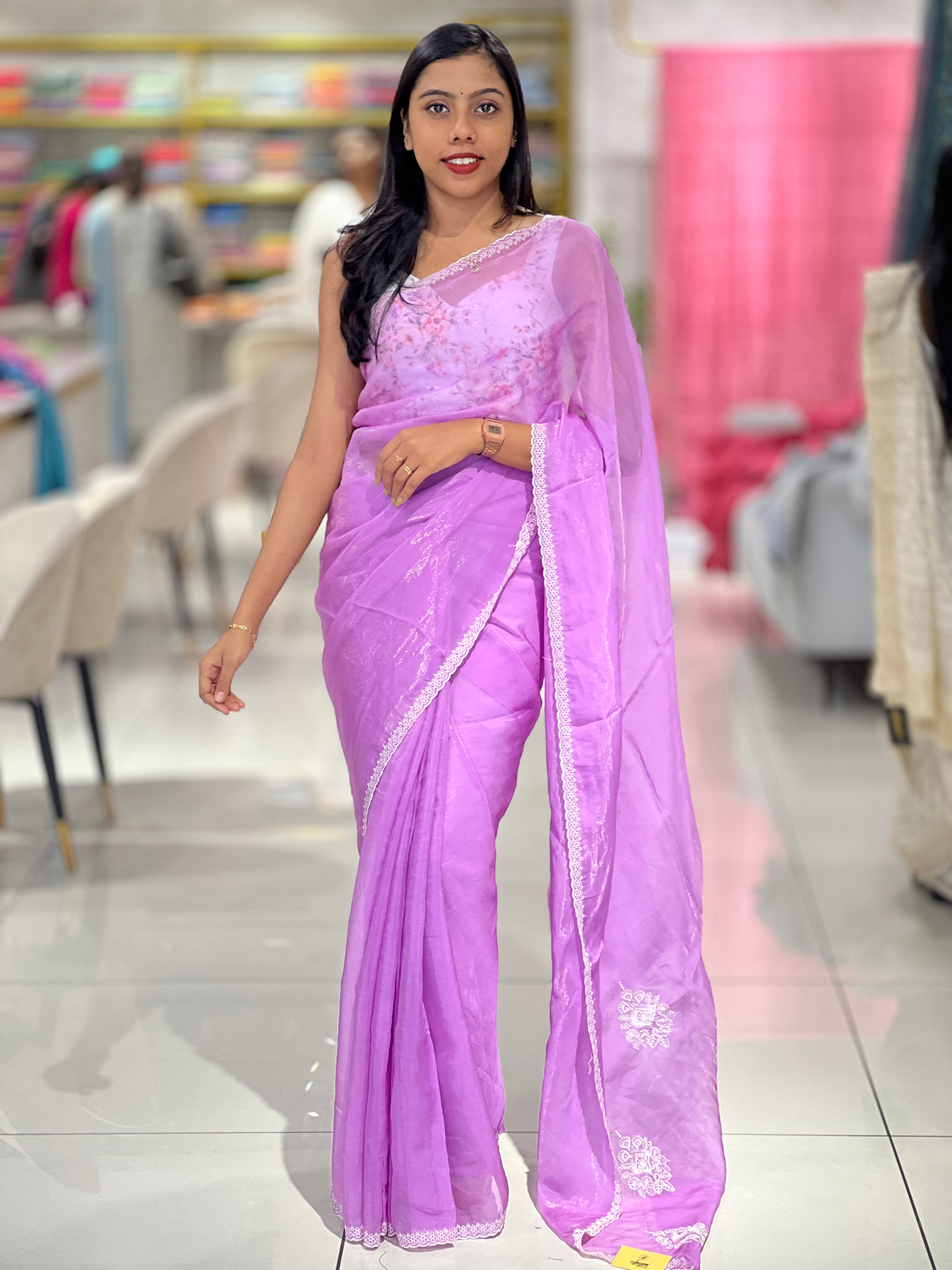 Floral Embroidery Detailed Shimmer Organza Saree | SBP1081