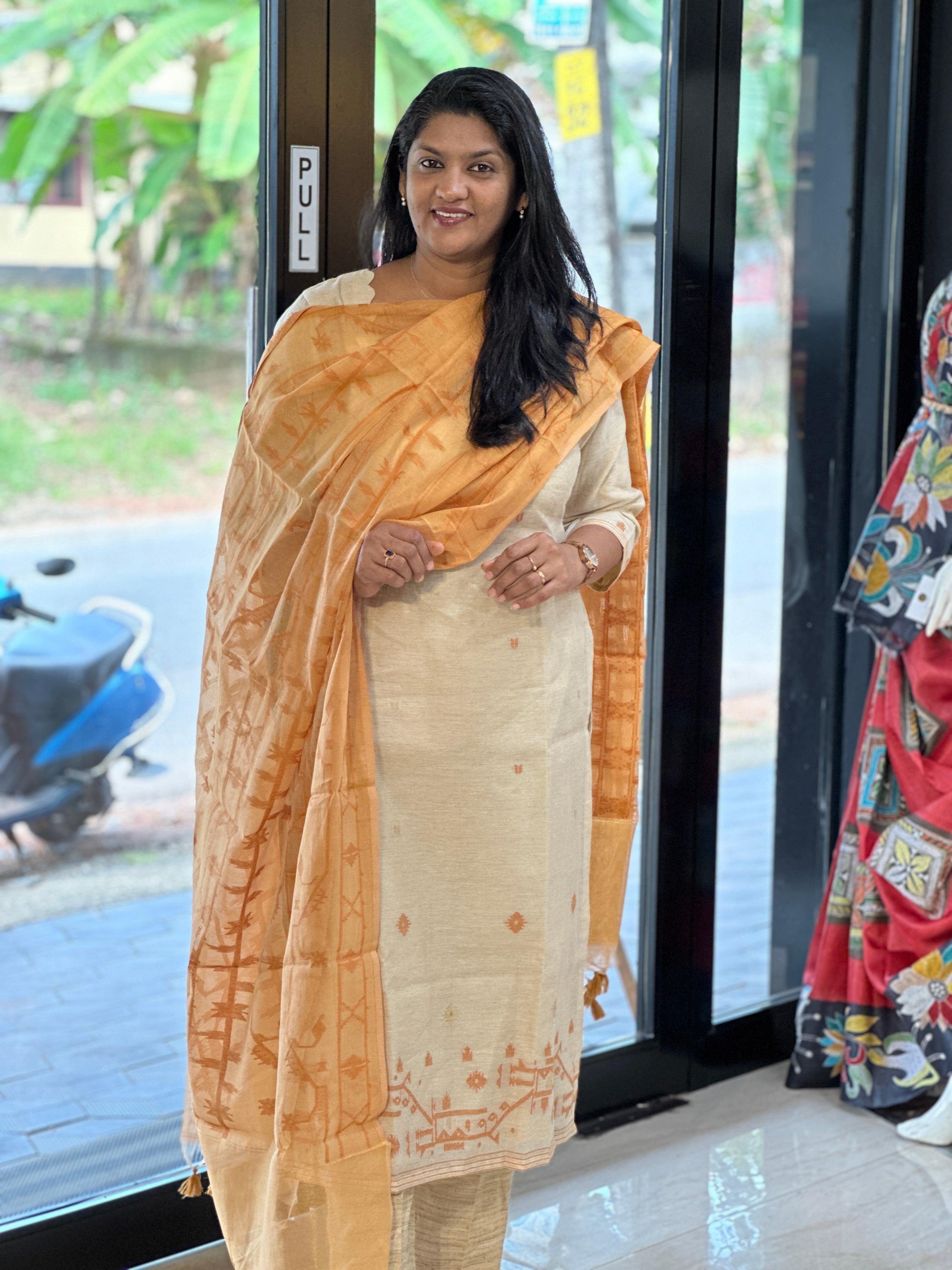 Jamdani Woven Chanderi-Linen Finish Unstitched Salwar Set | SSN469