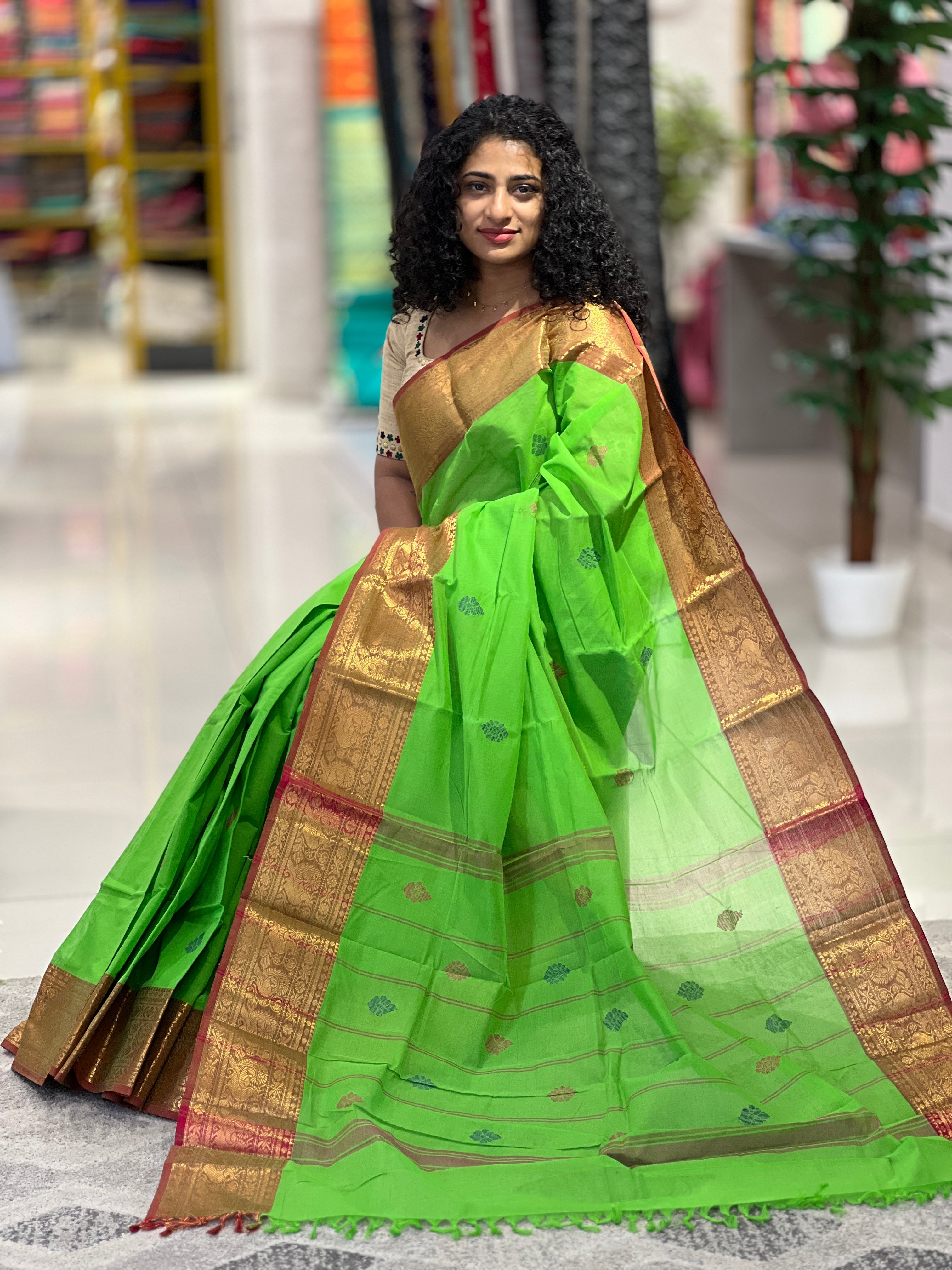 Kanchi Cotton Sarees With Traditional Border Designs | VR222