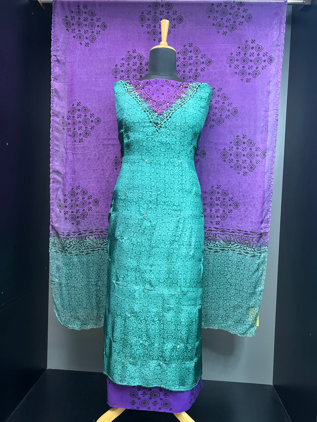 Block Print Detailed Uppada Silk Salwar Set | SF1337