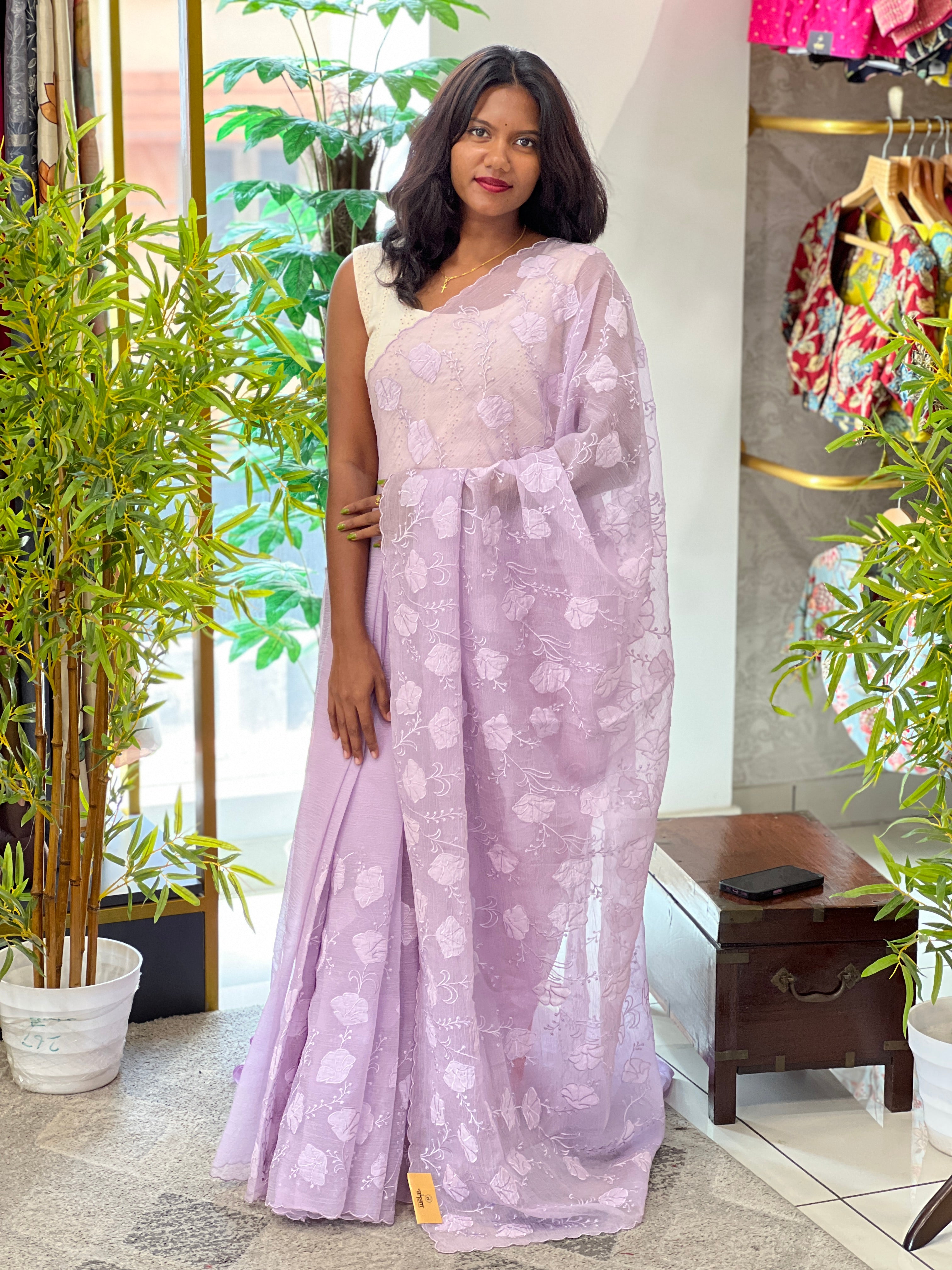 Floral Applique & Machine Embroidered Crush Shimmer Organza Saree |MM455