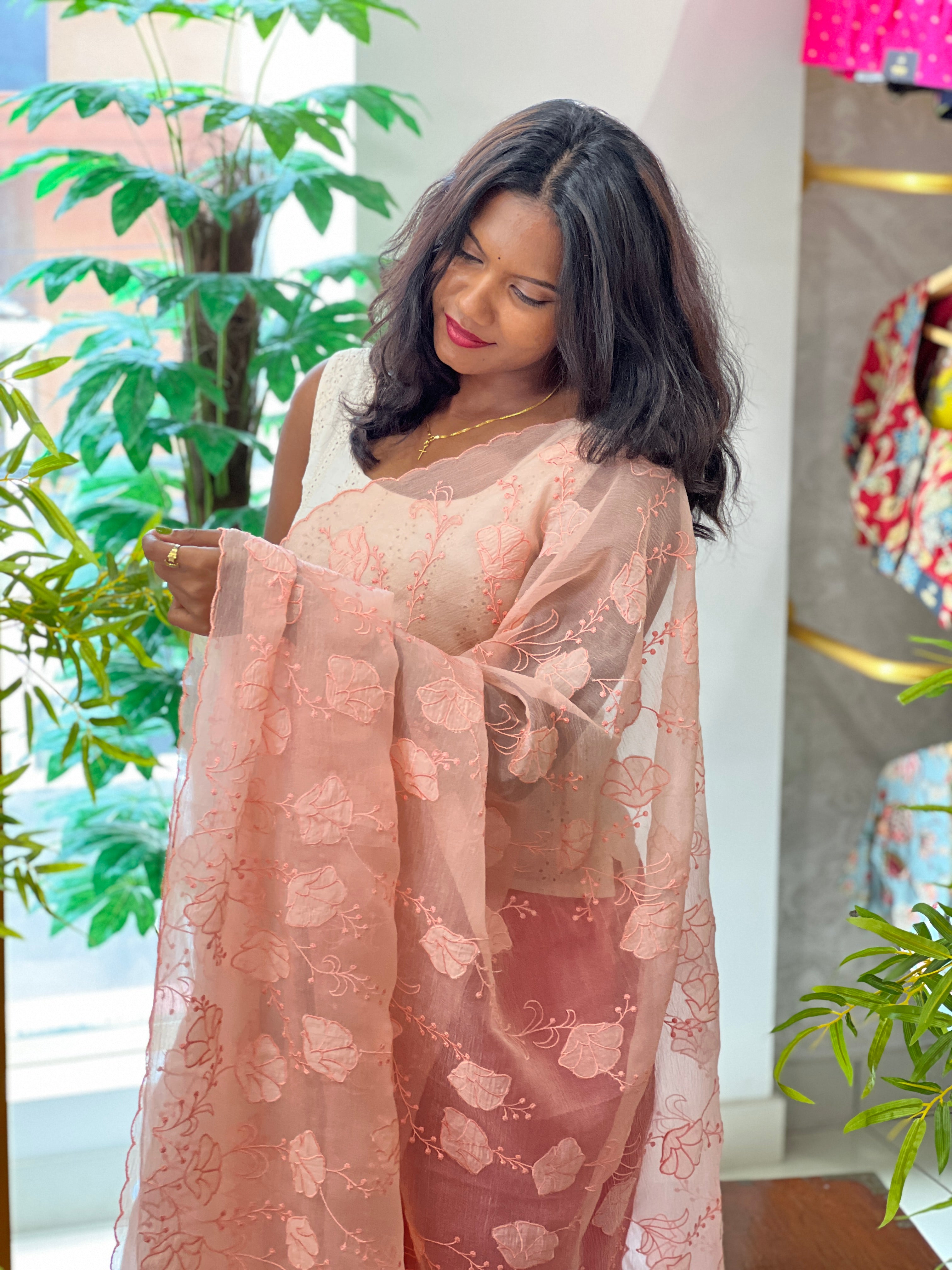 Floral Applique & Machine Embroidered Crush Shimmer Organza Saree |MM452