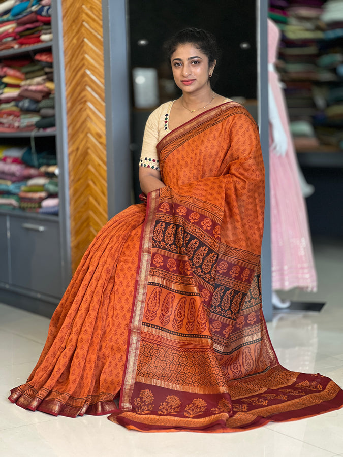 Block Printed Mangalgiri Silk Saree | SVF106