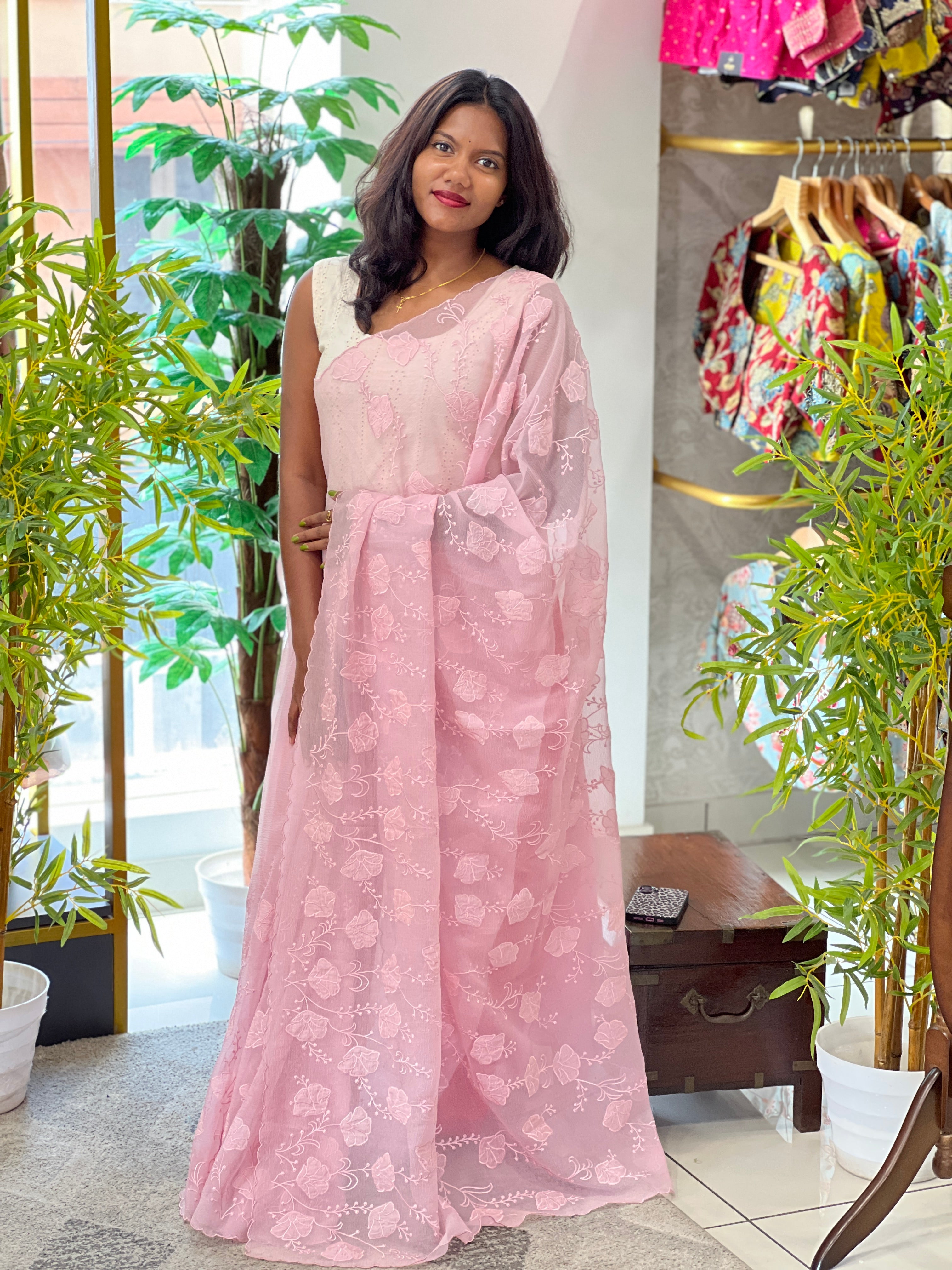 Floral Applique & Machine Embroidered Crush Shimmer Organza Saree |MM457