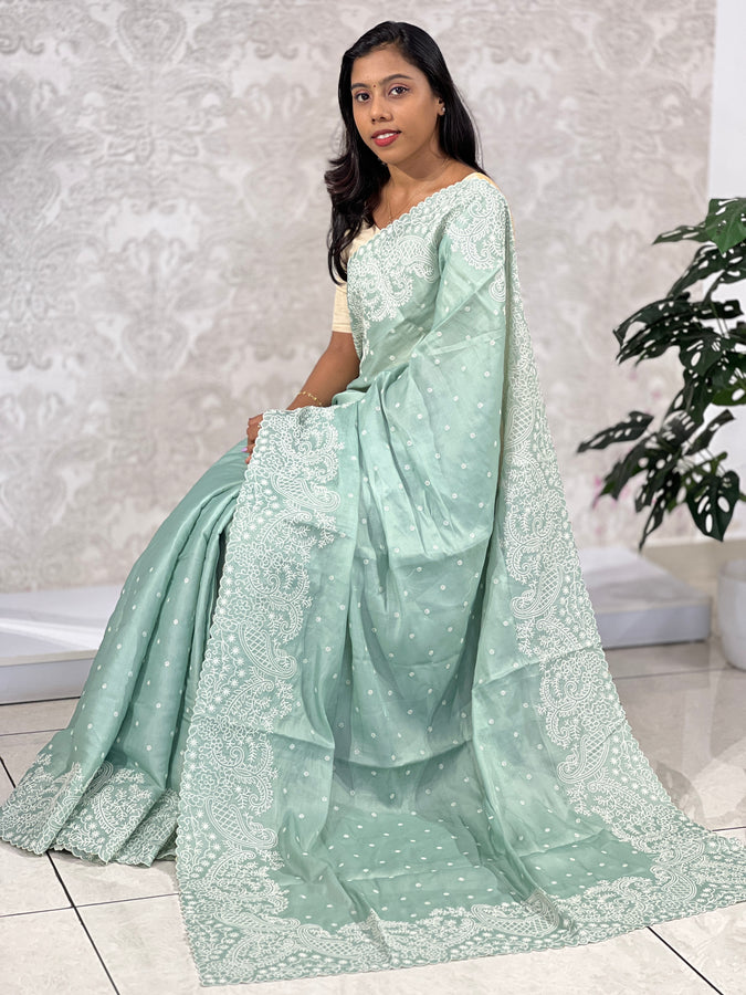 Point Embroidered Dola Silk Saree | SUN146