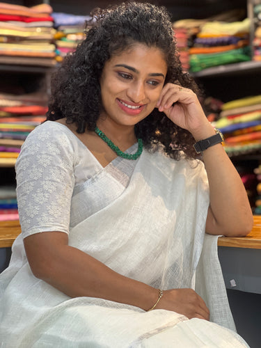 Silver Zari  Weaving  Pattern Border  Linen  Saree | HS1186