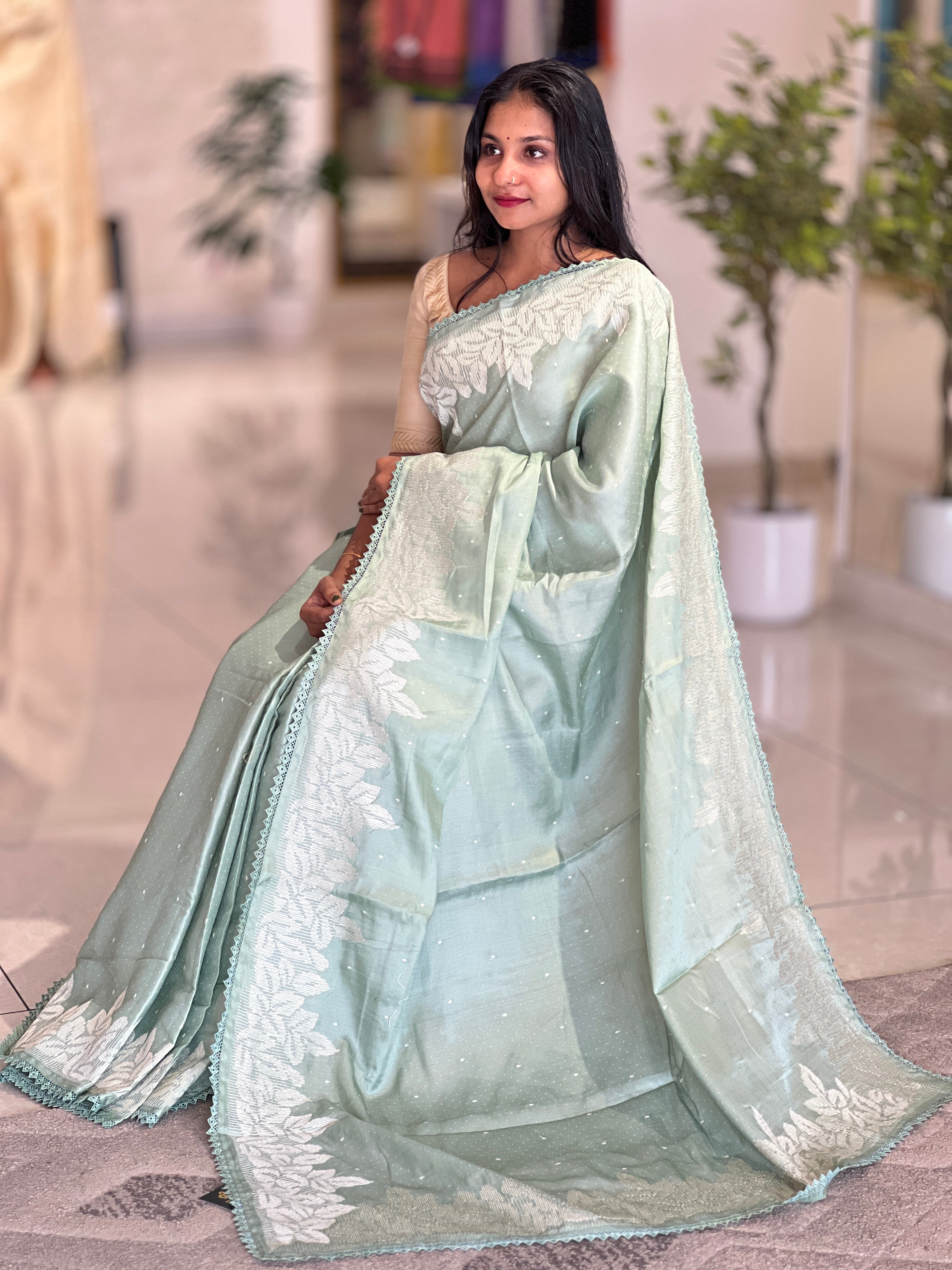 Machine Embroidery Detailed Dola Silk Saree | SUN191