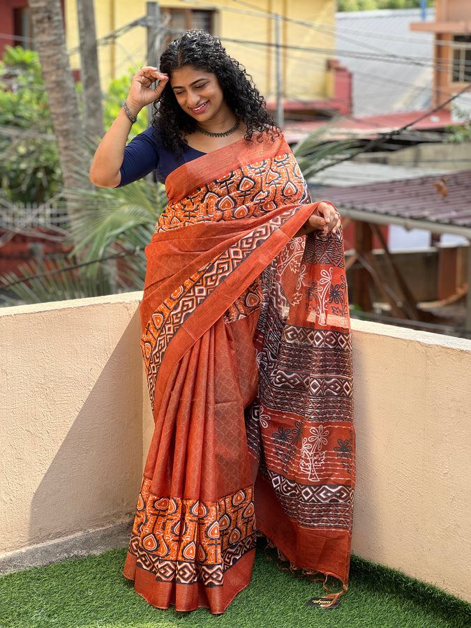 Block Printed Pattern Bhagalpuri Weave Saree | US190