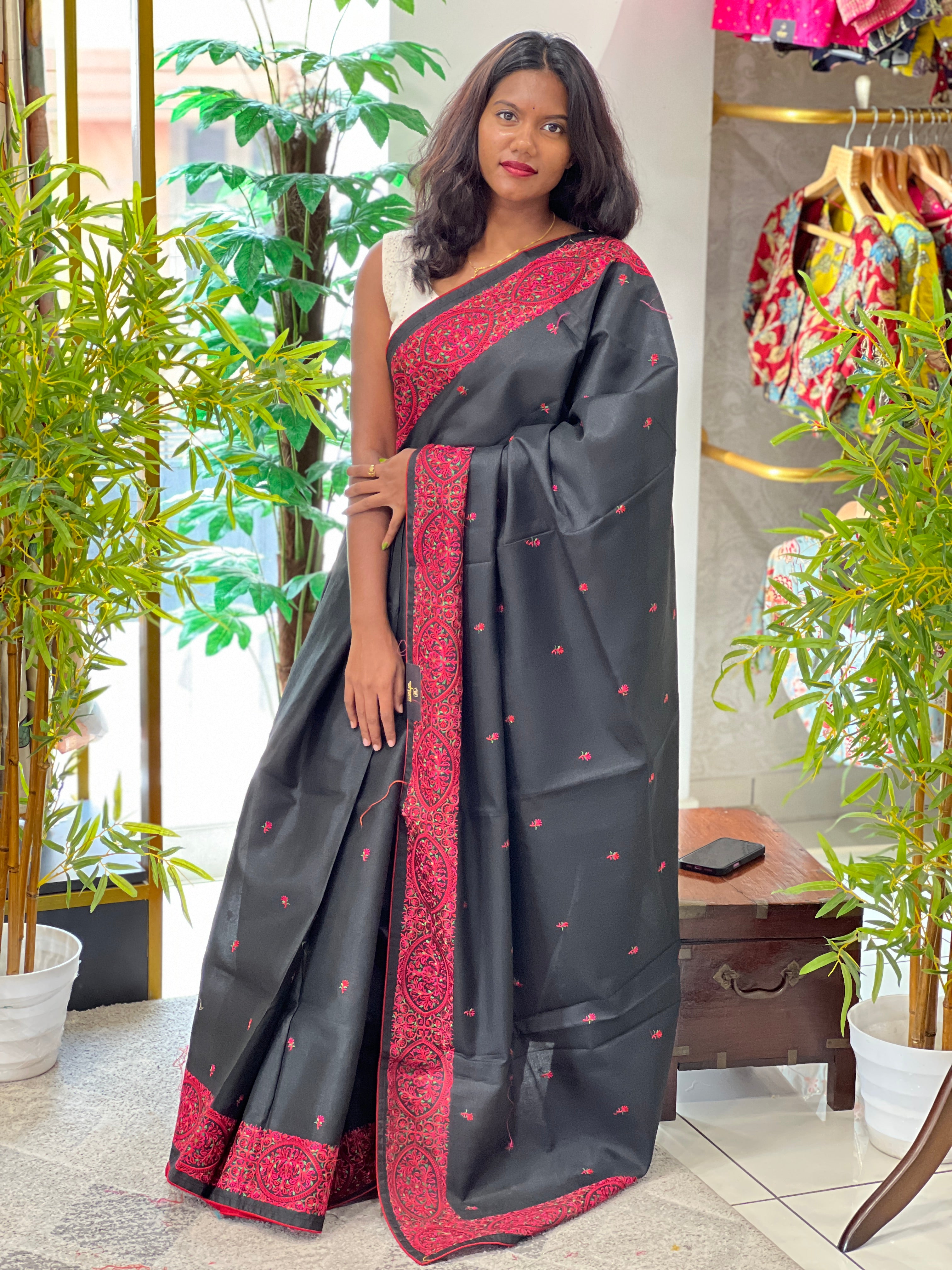 Machine Embroidery Semi Tussar Saree | SUN476