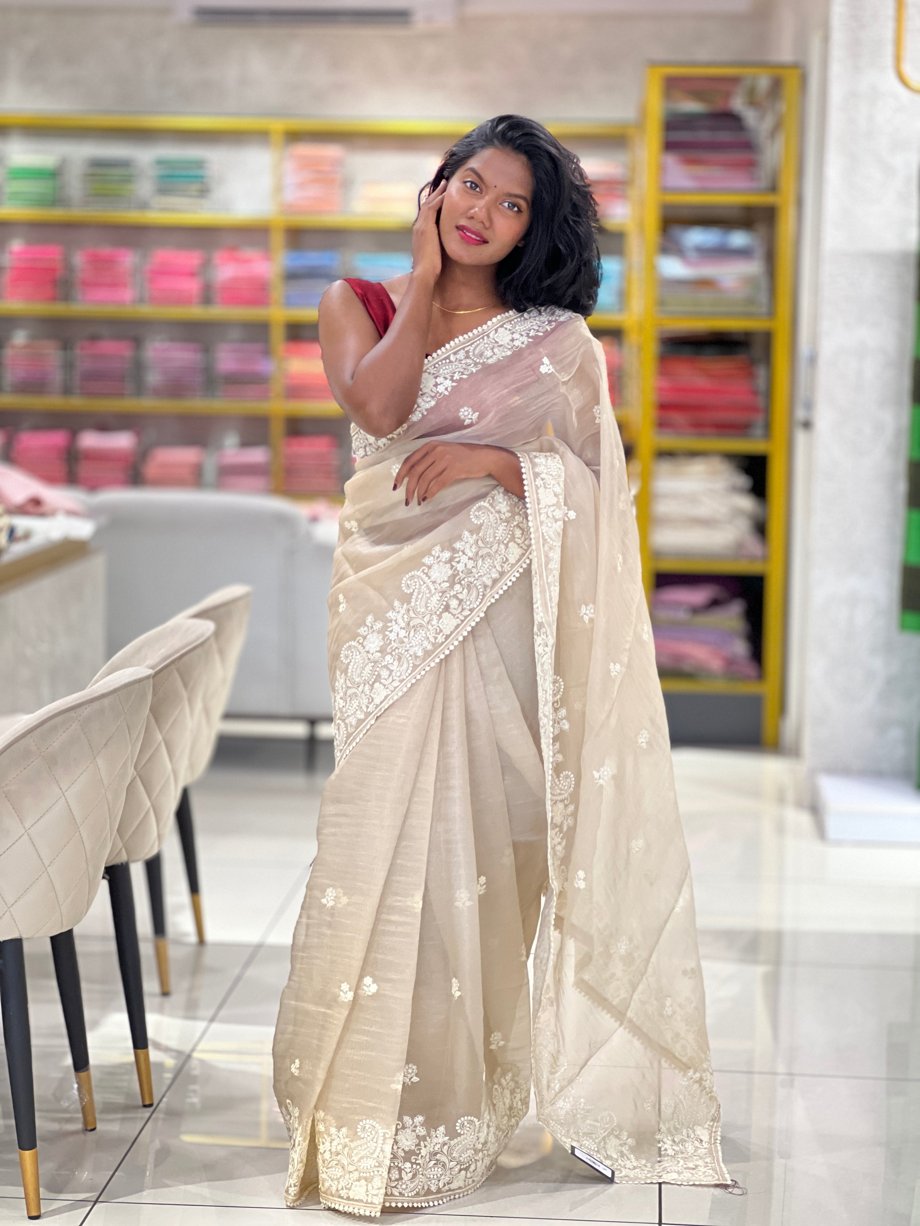Machine Embroidery Shimmer Organza Saree | BLD1085