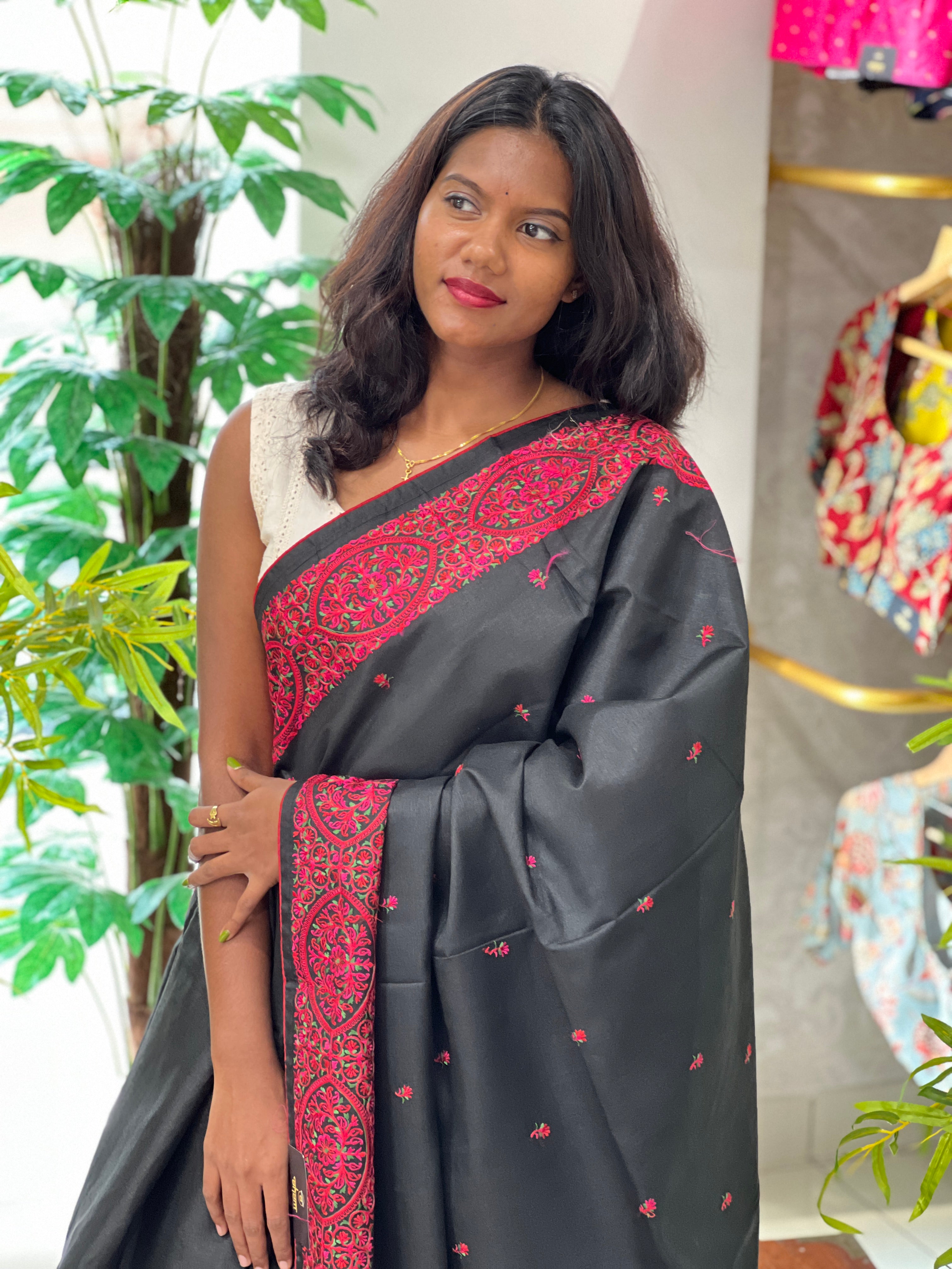 Machine Embroidery Semi Tussar Saree | SUN476
