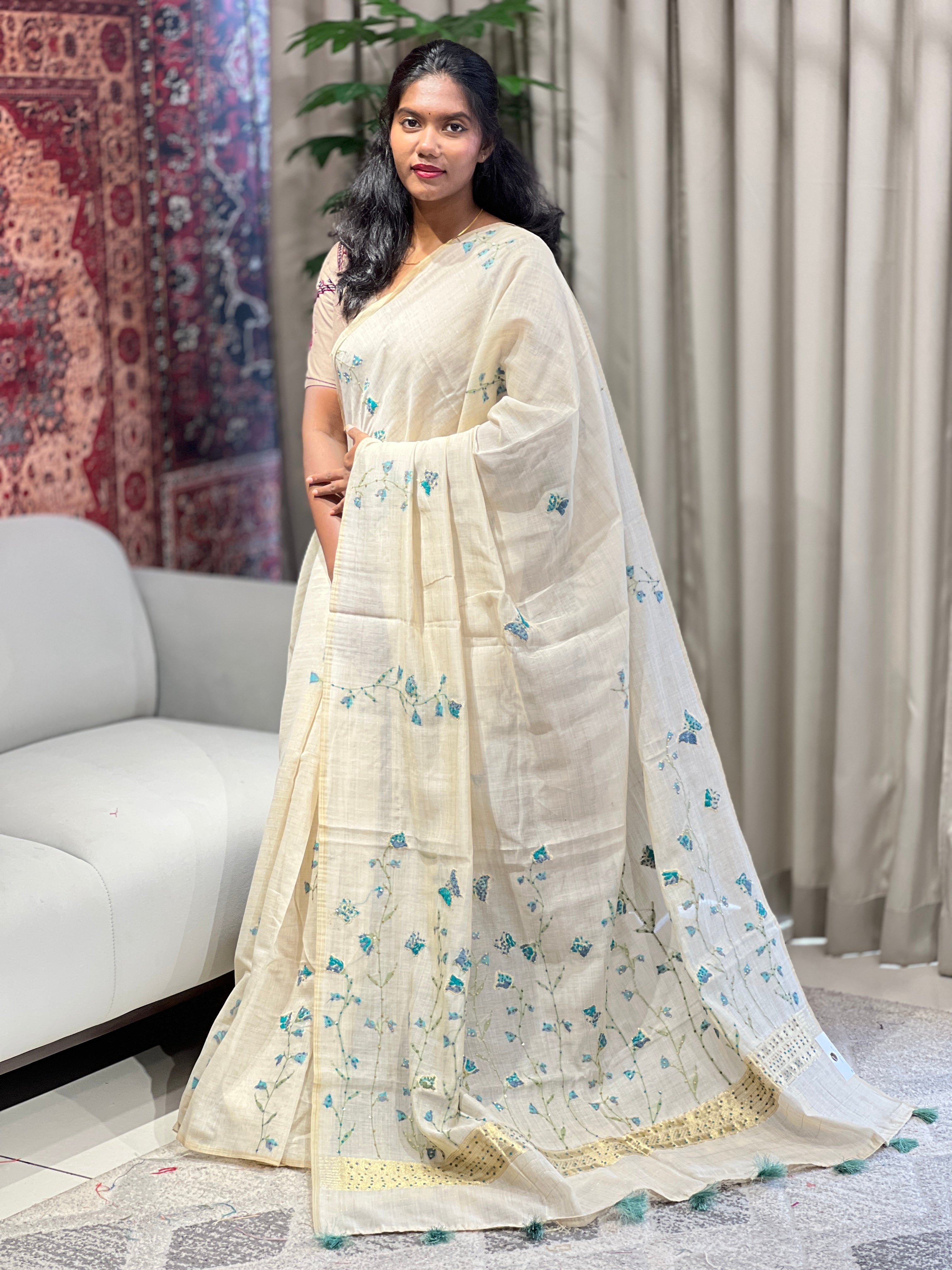 Floral Jamdani Weaved Chanderi Saree | BLD1719