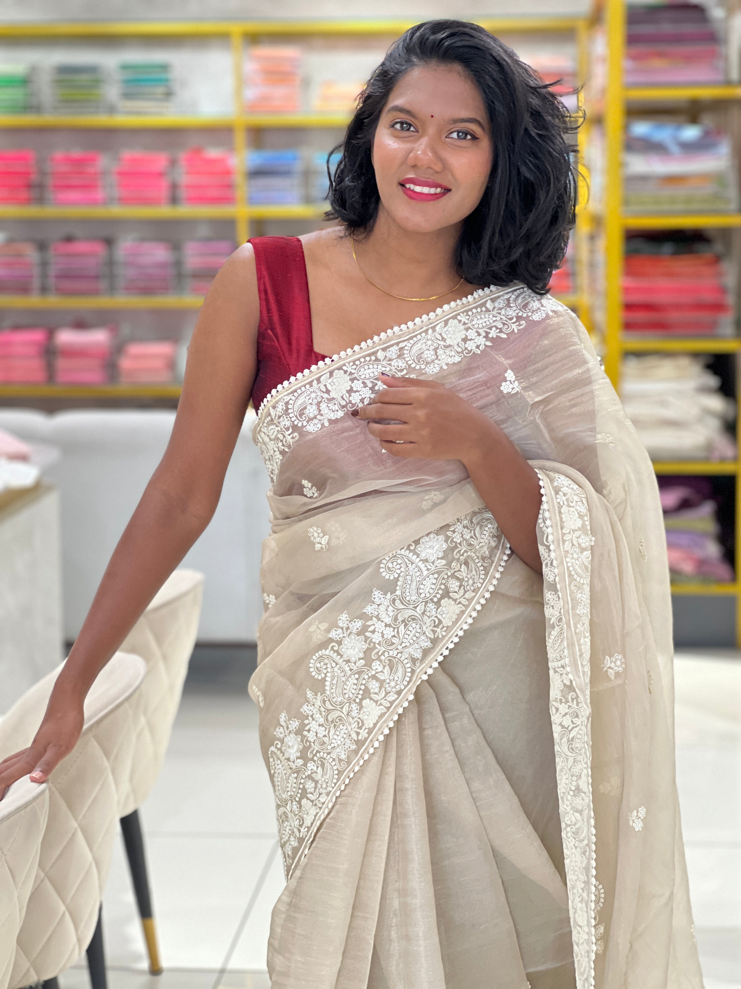 Machine Embroidery Shimmer Organza Saree | BLD1085