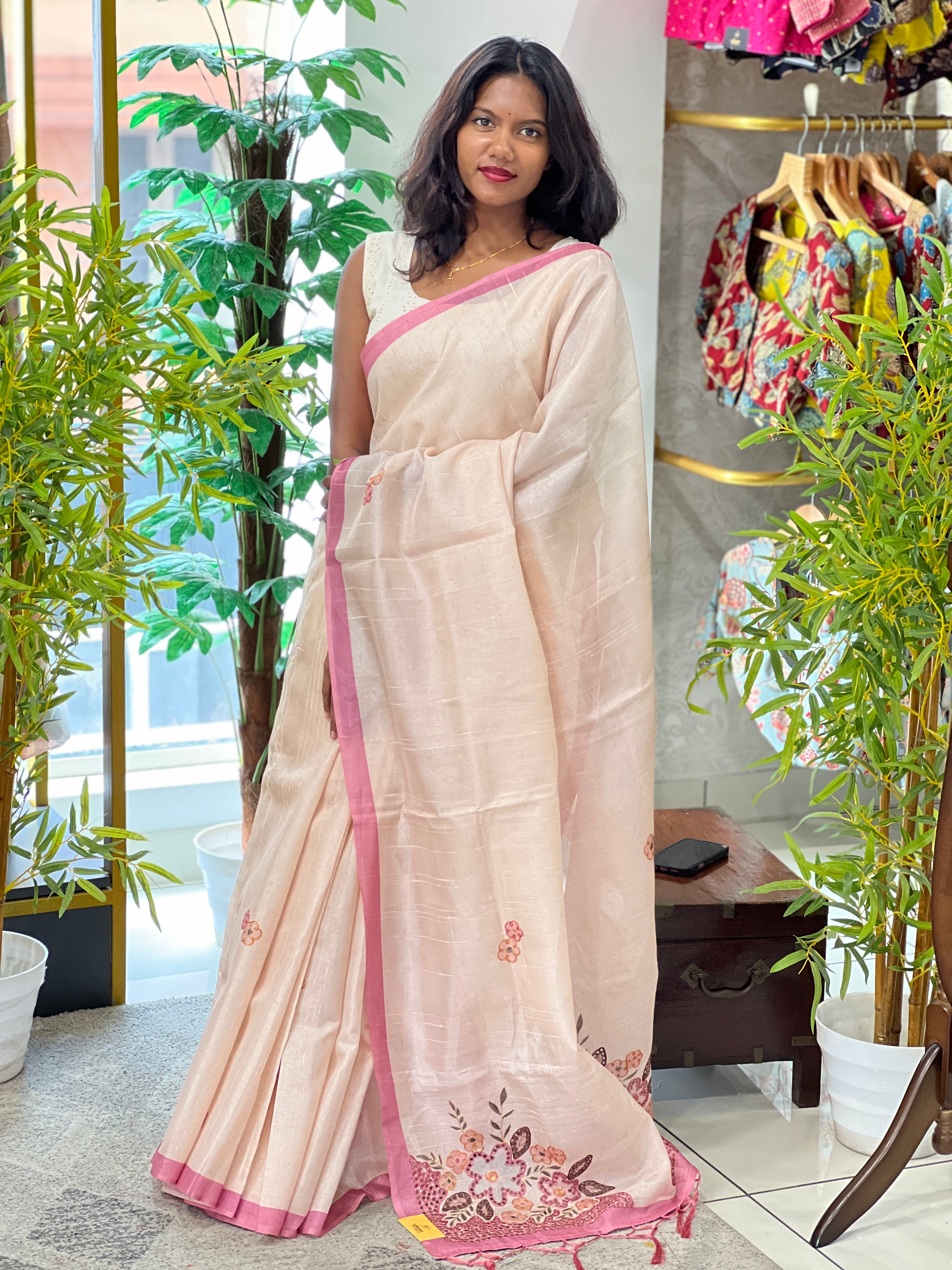 Machine Embroidery Detailed Tussar Finish Saree | SUN494