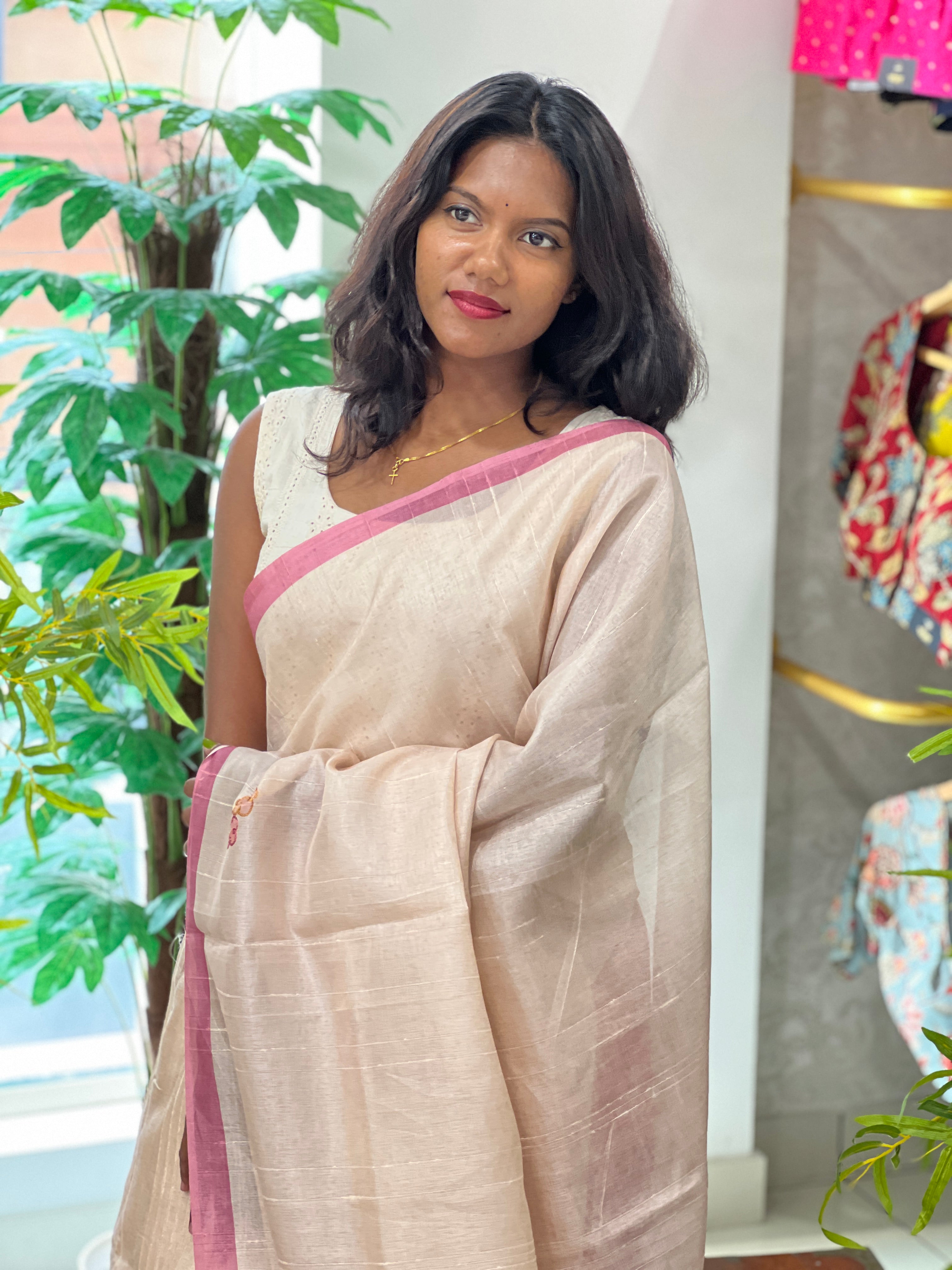 Machine Embroidery Detailed Tussar Finish Saree | SUN494