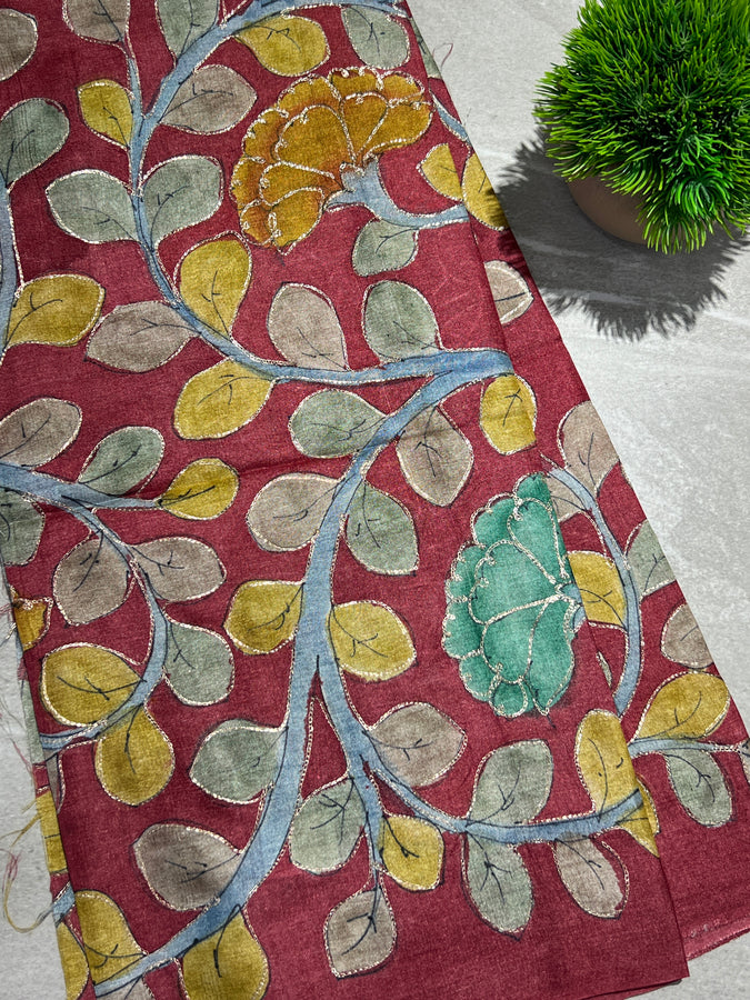 Kalamkari Print With Zari Detailed Pure Tussar Blouse Material | SBS1227