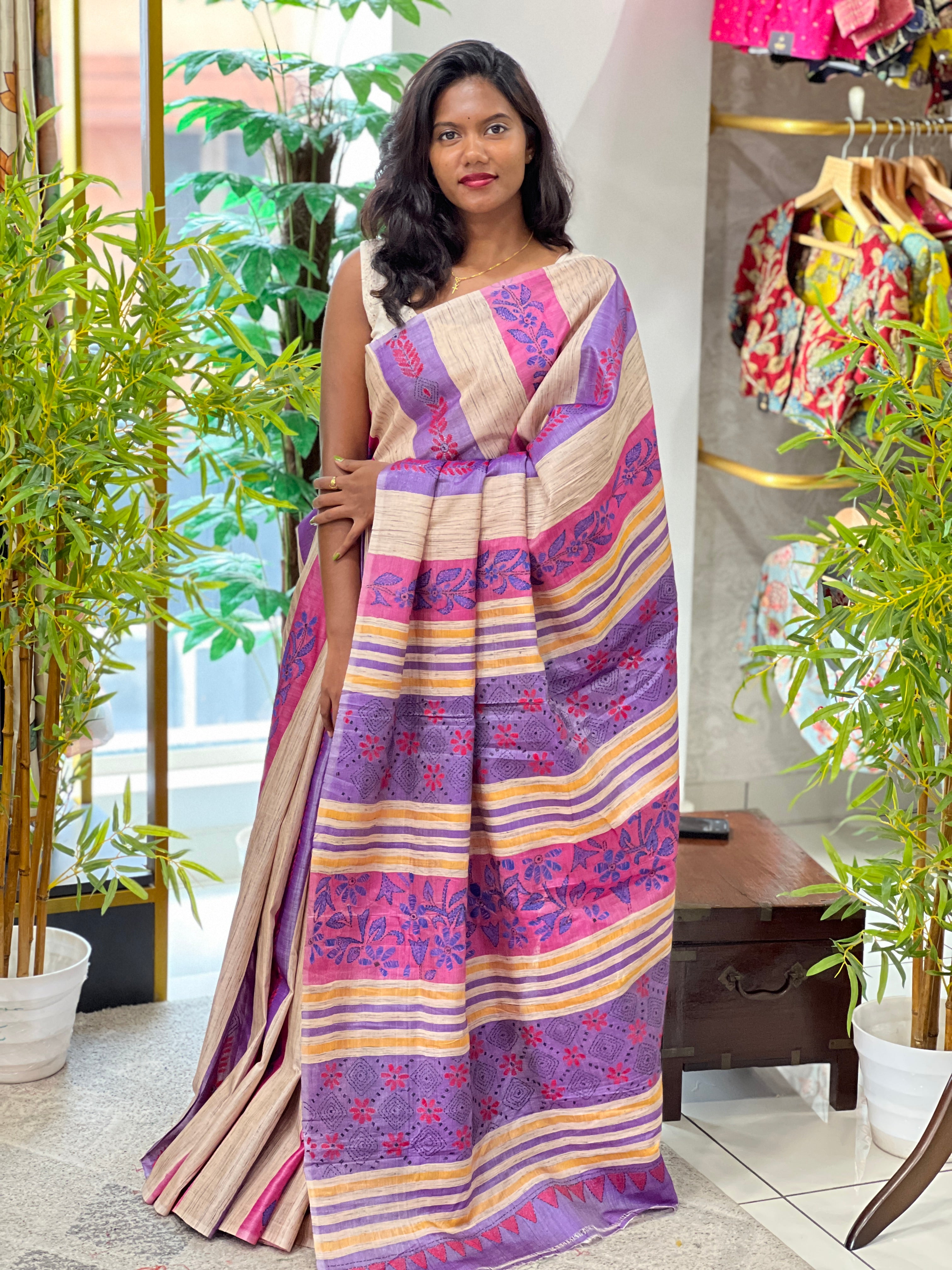 Multi-Color Hand Nakshi Kantha Embroidery Bangalore Silk Saree | AYD238