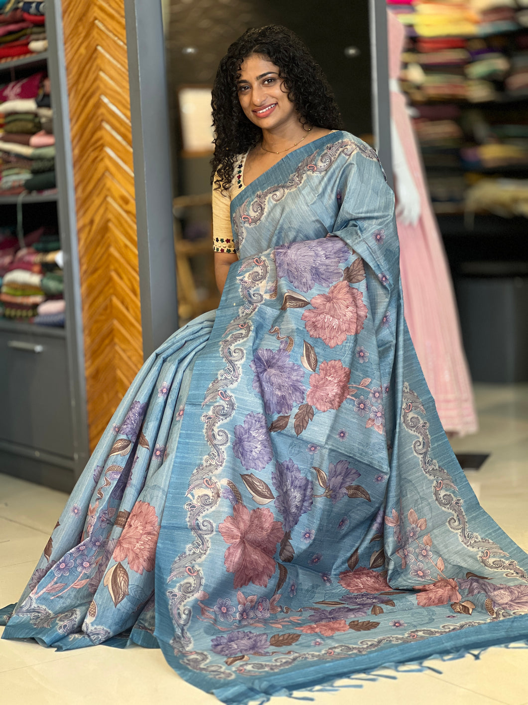 Floral Printed Tussar Finish Saree | GMS154