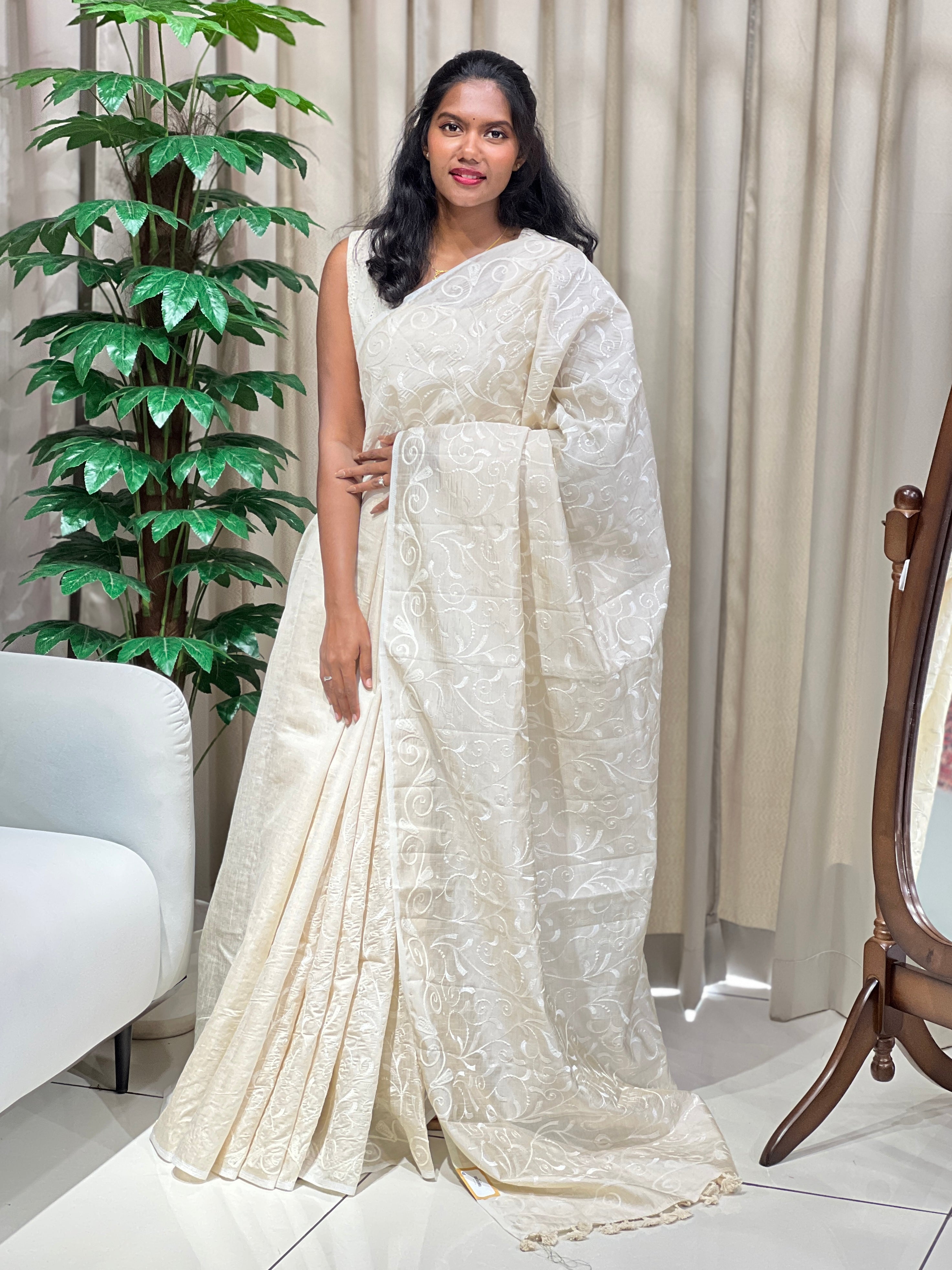 Embroidery Detailed Semi Tussar Saree | PF1238