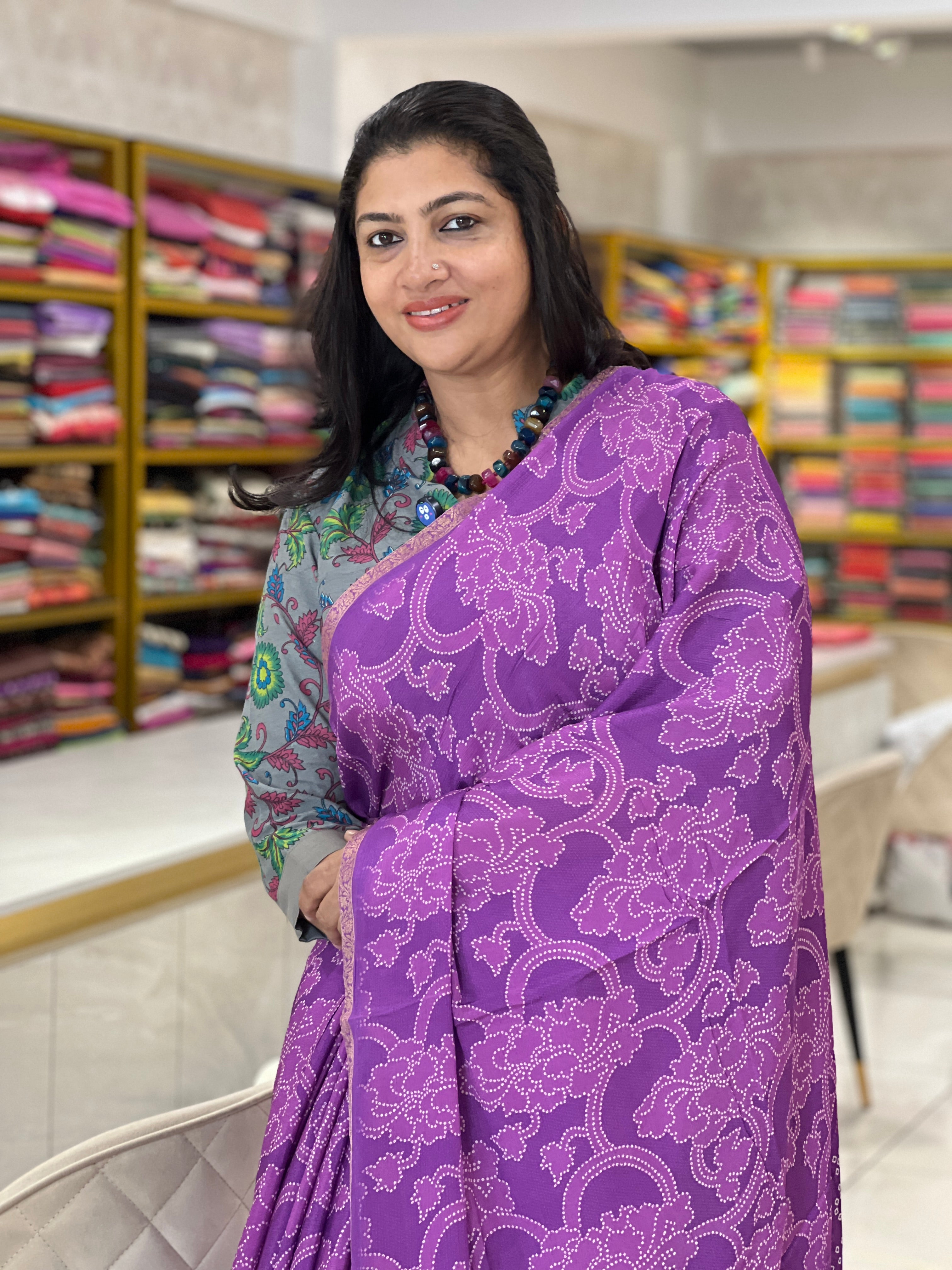 Bandhini Inspired Printed Design Diamond Chiffon Saree | SSN111