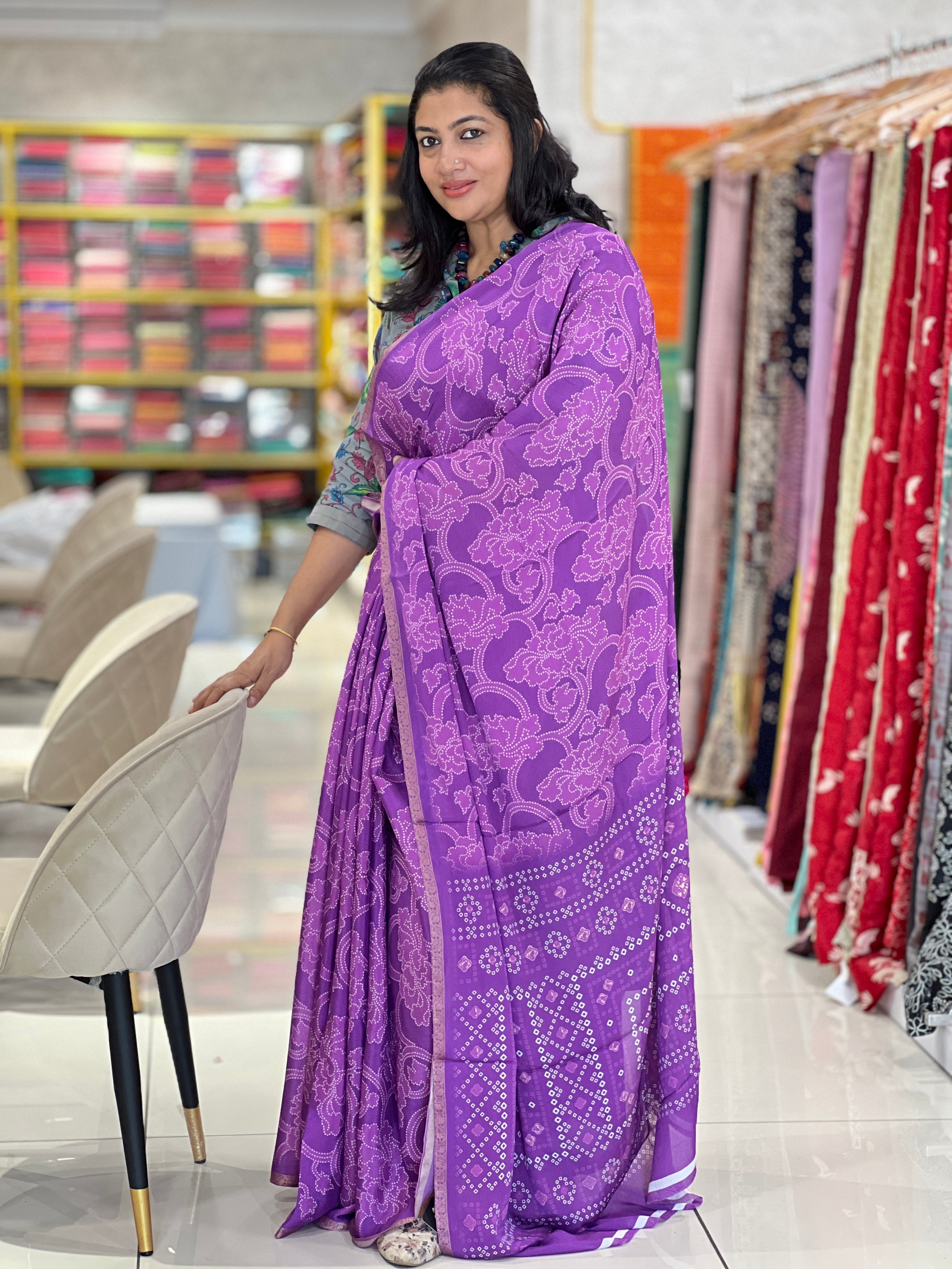 Bandhini Inspired Printed Design Diamond Chiffon Saree | SSN111
