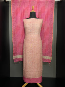 Stripe Pattern Print Detailed Pure Linen Salwar Set | HE147