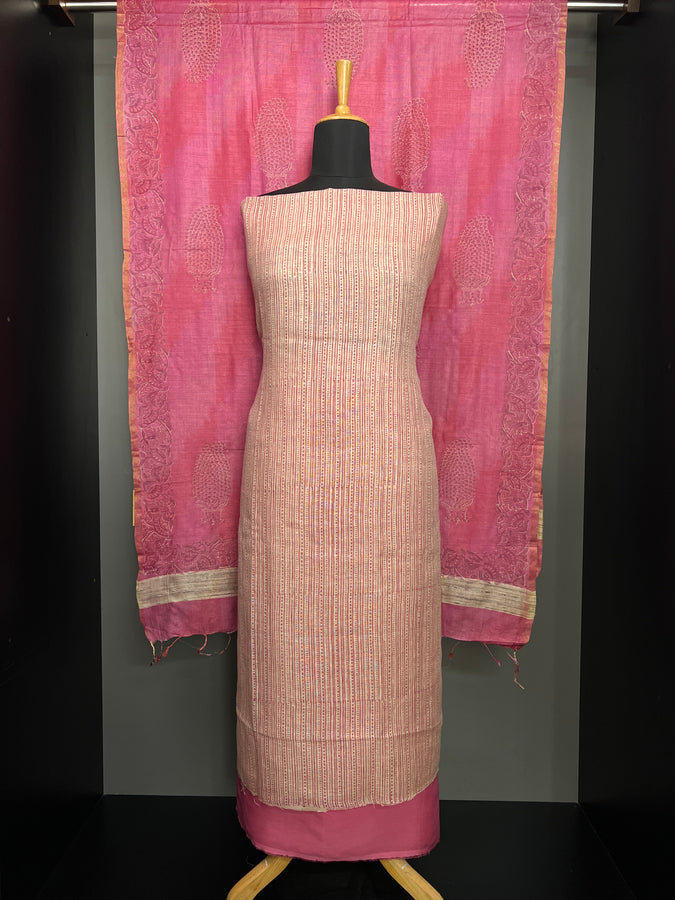 Stripe Pattern Print Detailed Pure Linen Salwar Set | HE147