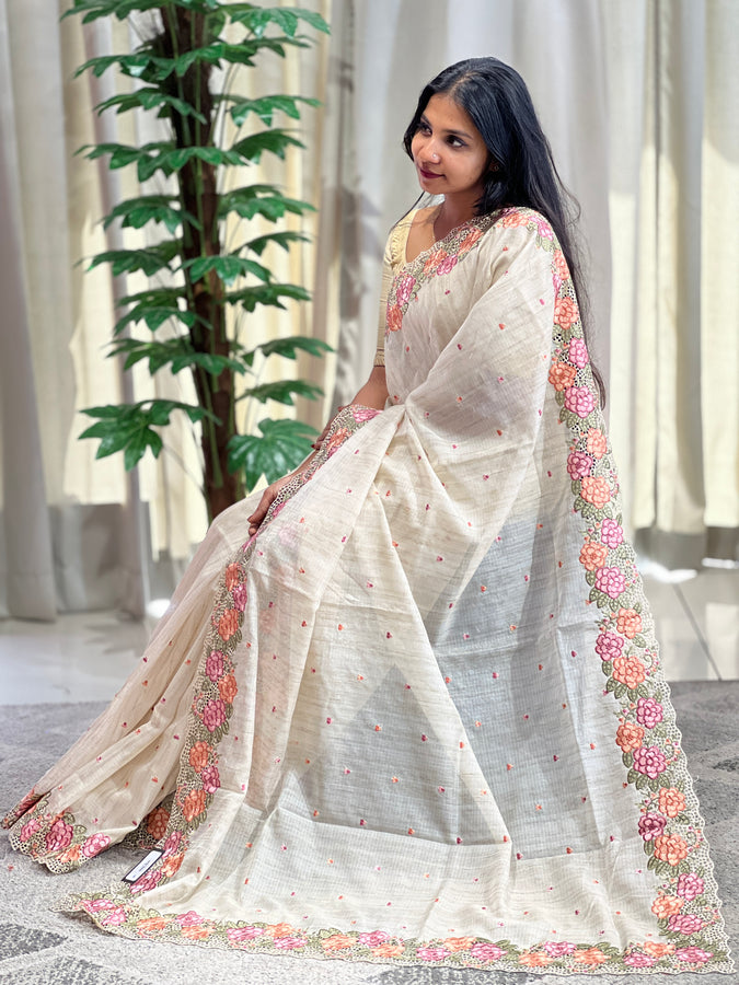 Floral Embroidery With Cut Work Detailed Silky Kota Saree | BLD1170