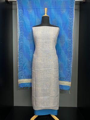 Stripe Pattern Print Detailed Pure Linen Salwar Set | HE148