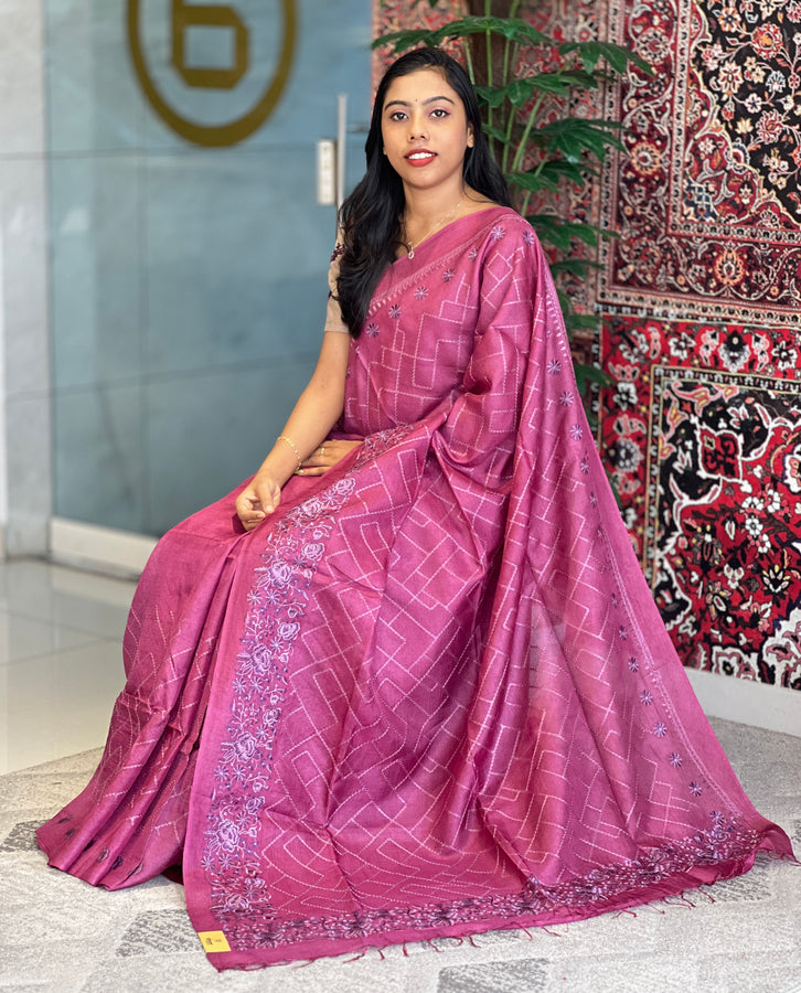 Geometric & Floral Embroidery Detailed Tussar Saree | MNH505