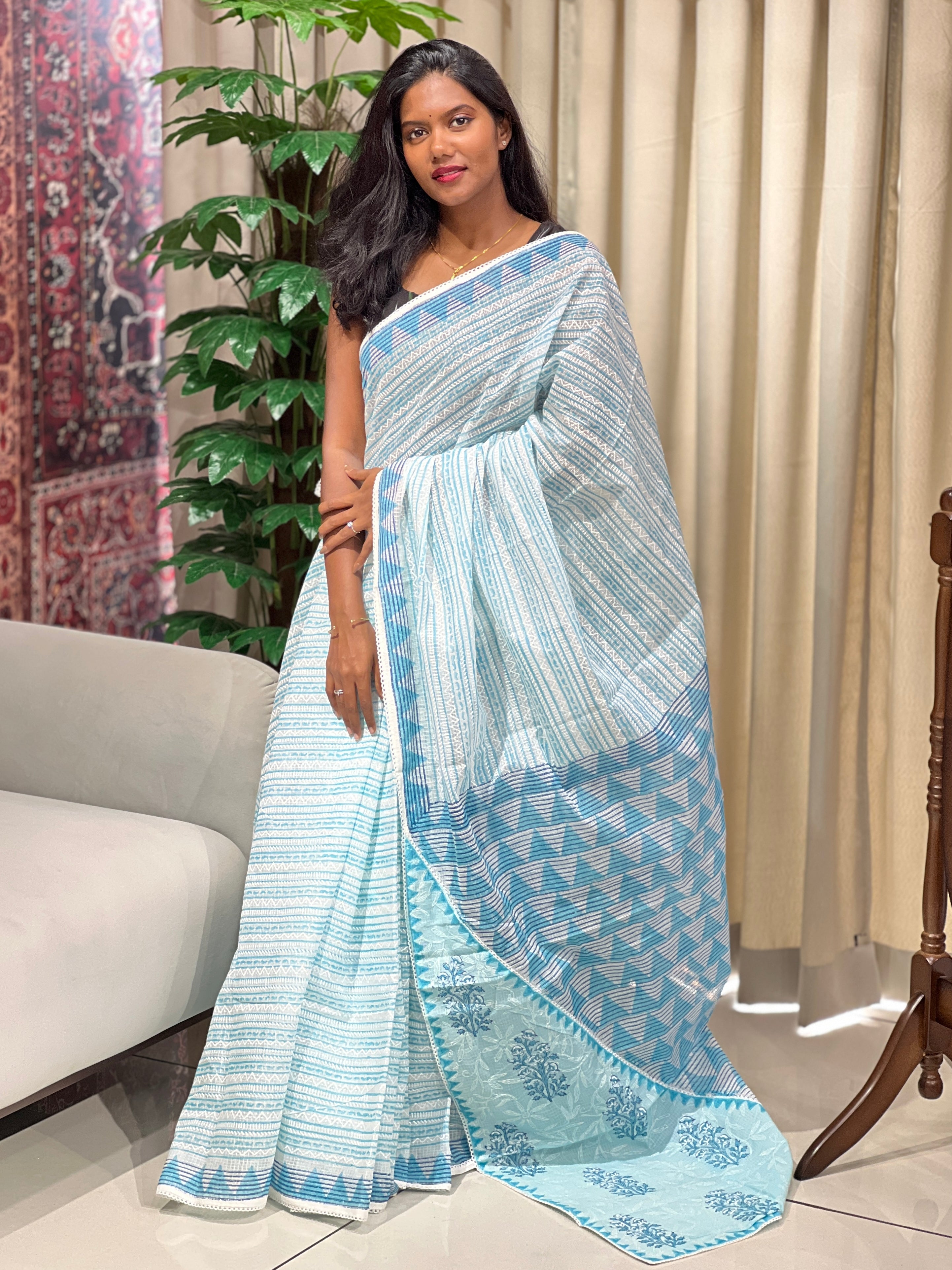 Block Printed Muga Check Organza Saree | PF1210