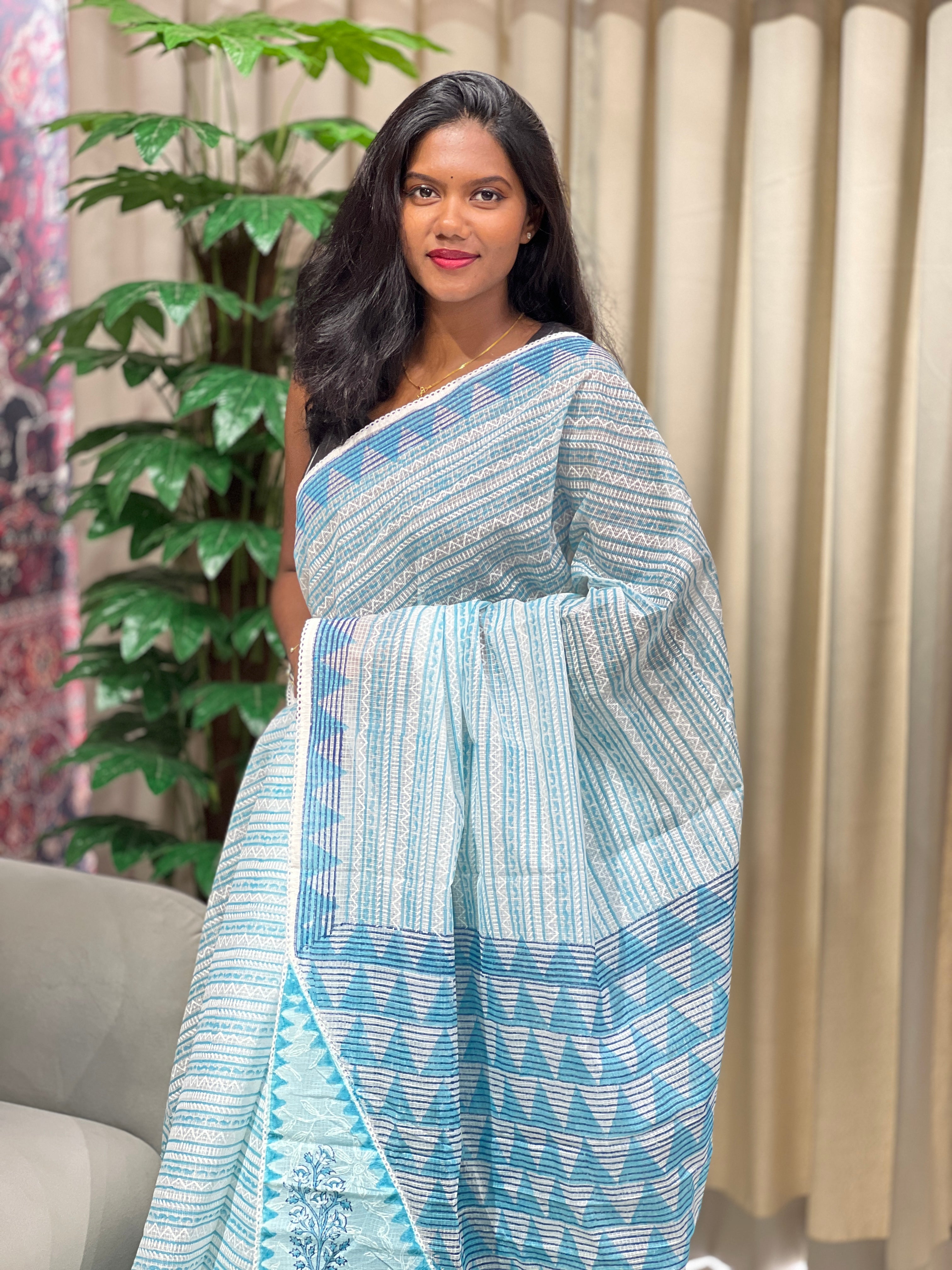 Block Printed Muga Check Organza Saree | PF1210