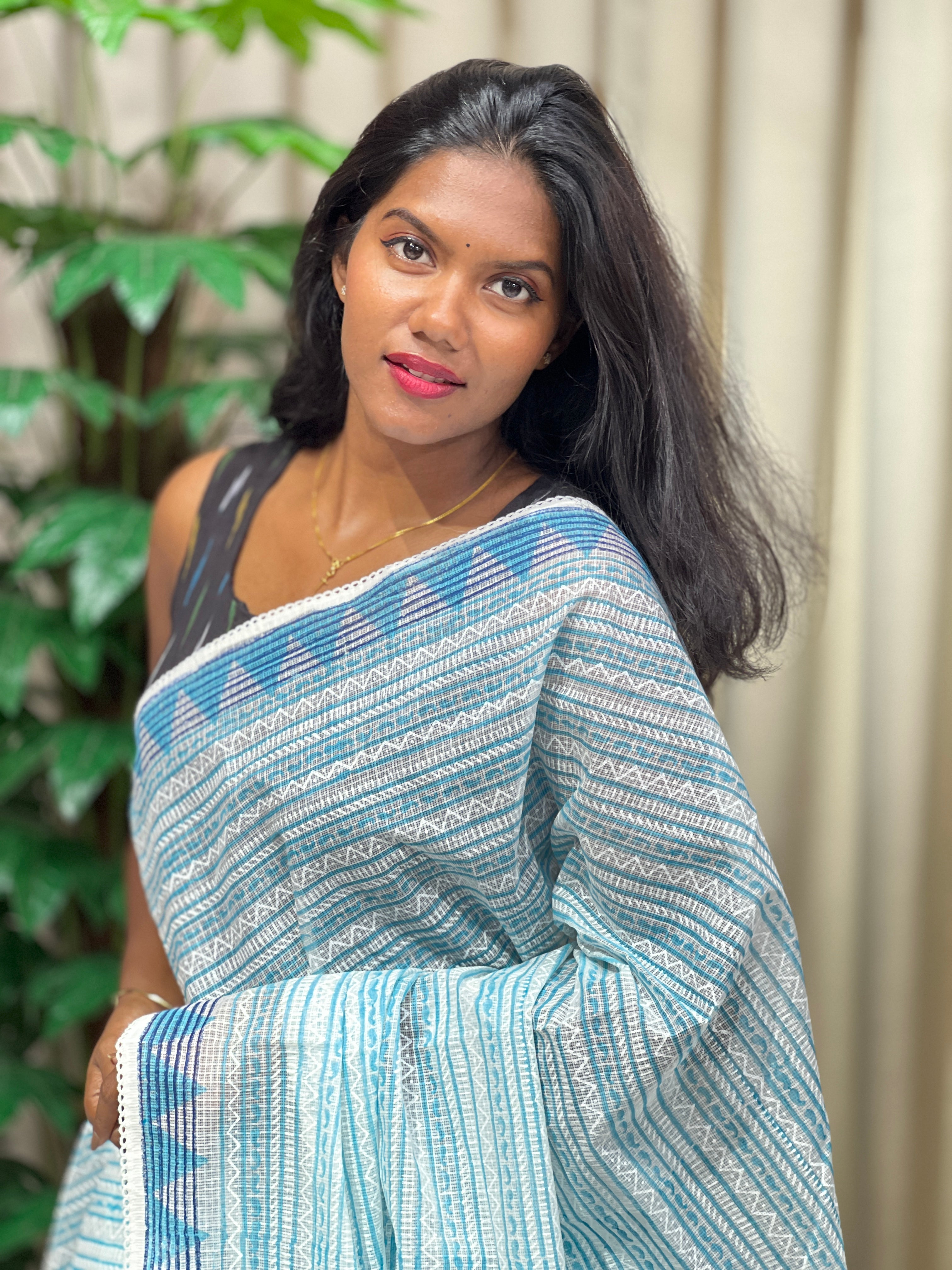 Block Printed Muga Check Organza Saree | PF1210