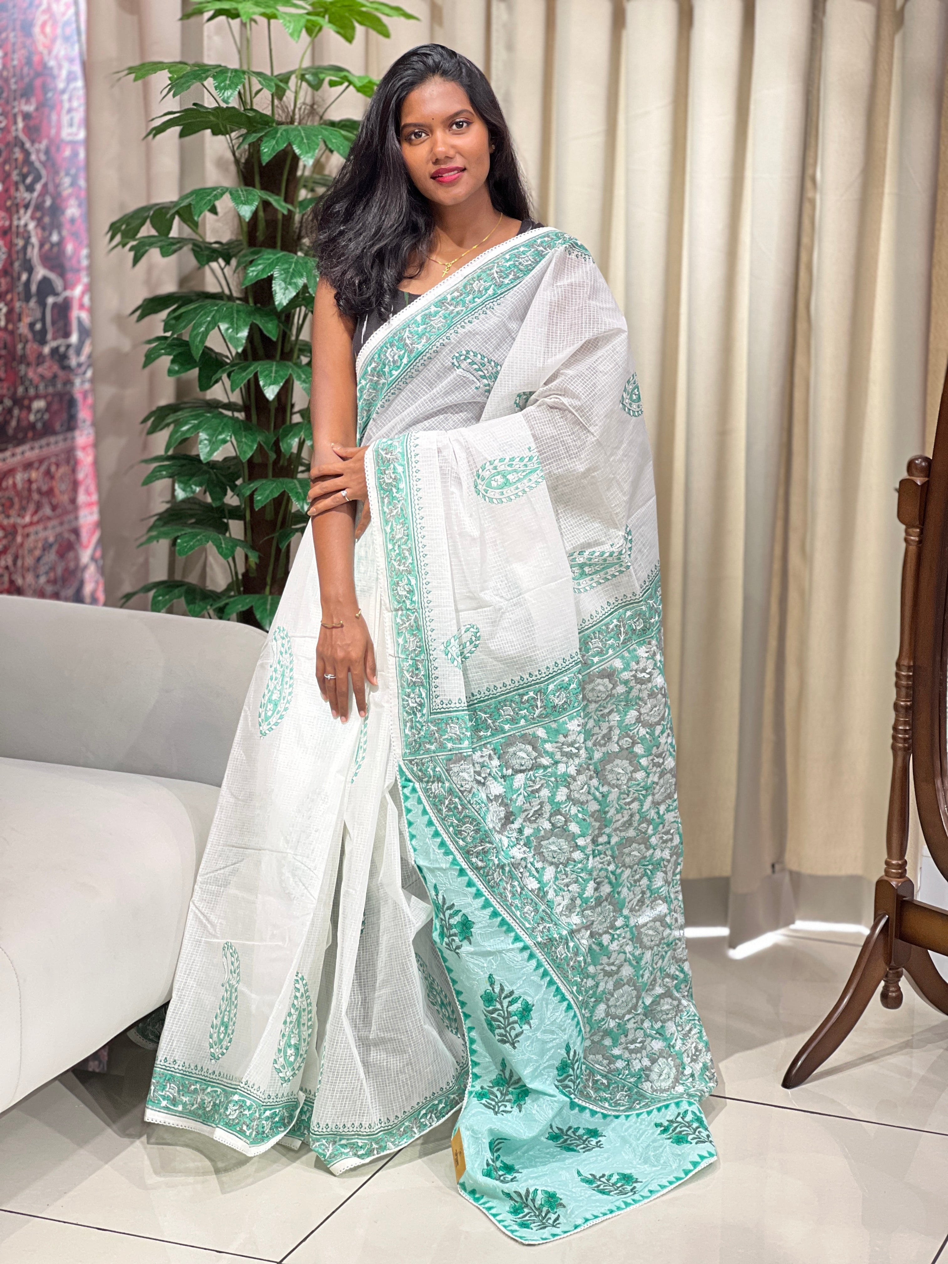 Paisley Printed Muga Check Organza Saree | PF1216