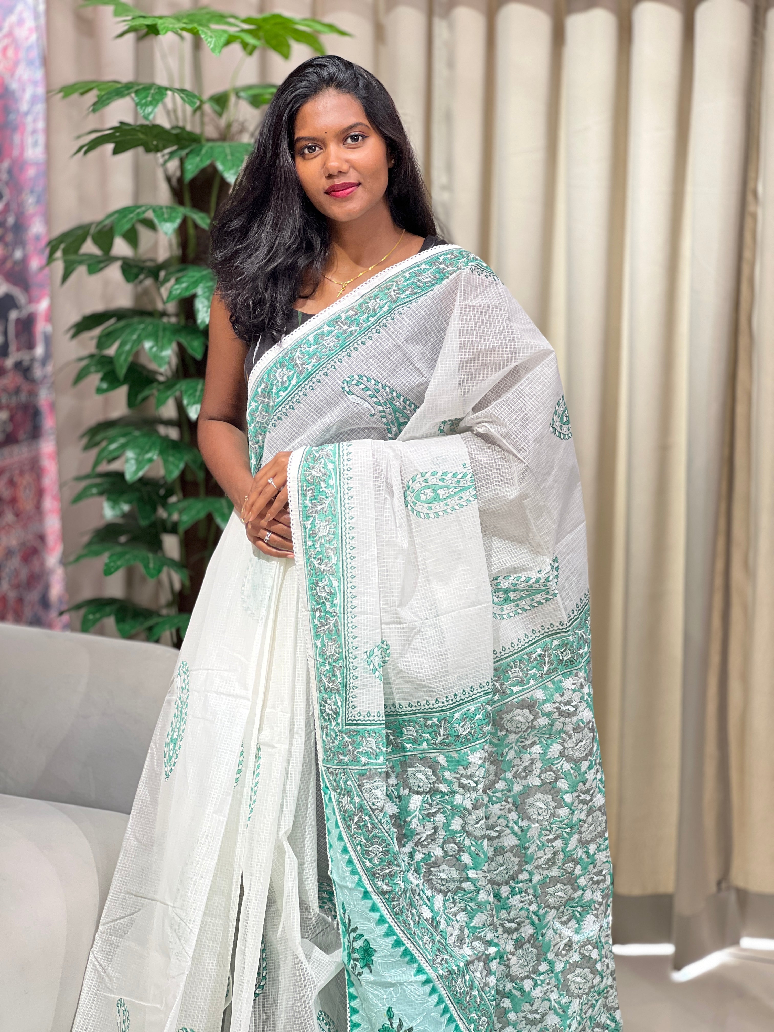 Paisley Printed Muga Check Organza Saree | PF1216